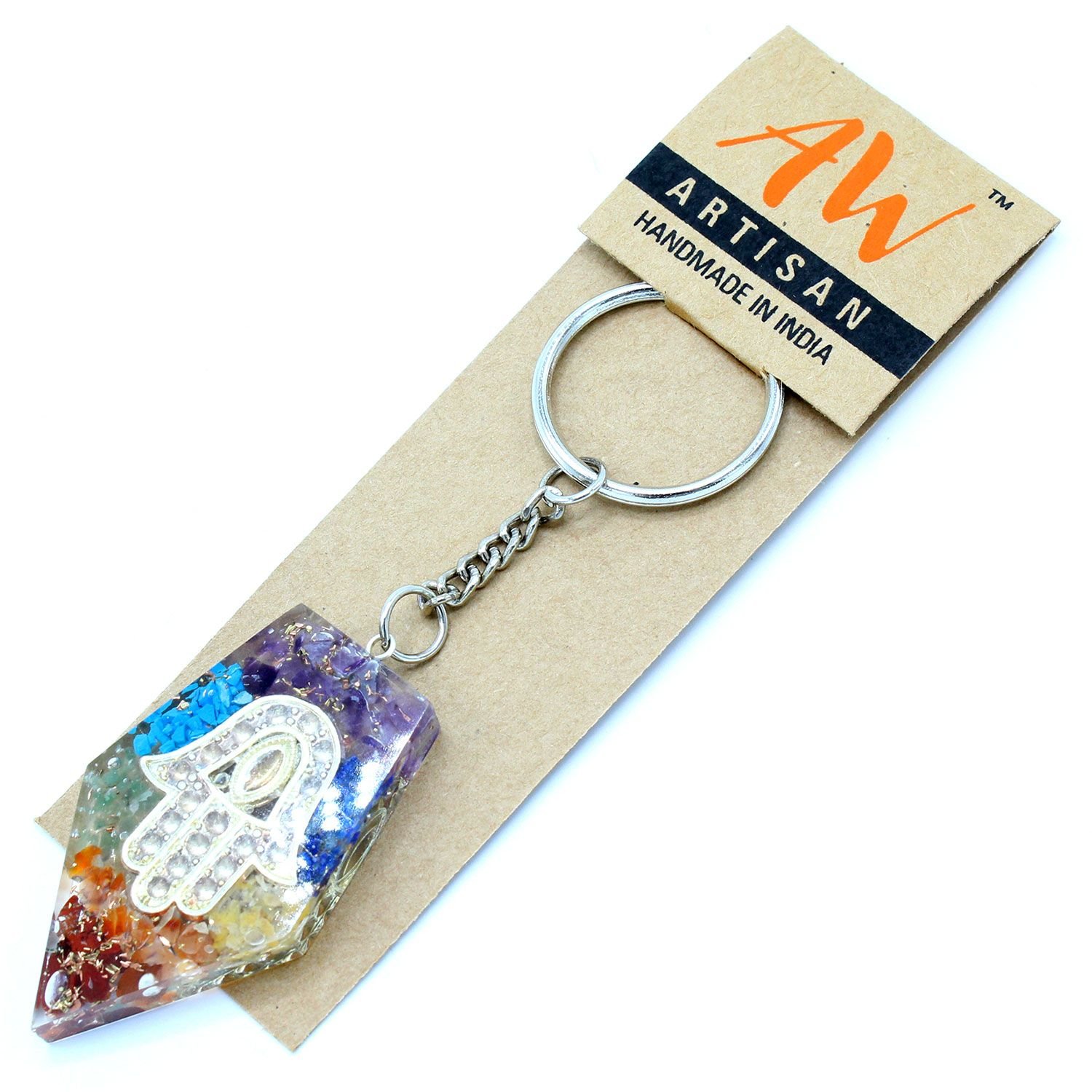 Orgonito galios raktų pakabukas „Gemstone Chakra Hamsa“ – mažas apsaugos ir harmonijos talismanas