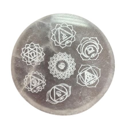 Selenito įkrovimo plokštelė „Chakra Design“ – 8 cm šviesos ir ramybės akcentas
