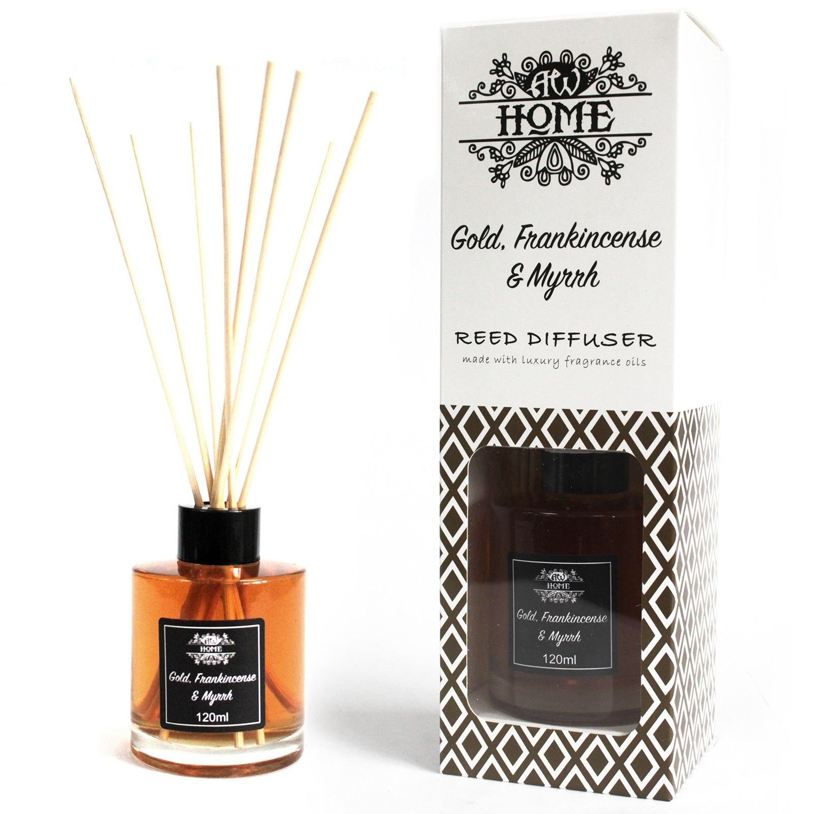 Nendrinis difuzorius „Gold, Frankincense & Myrrh“ – auksinės ramybės namų kvapas, 120 ml