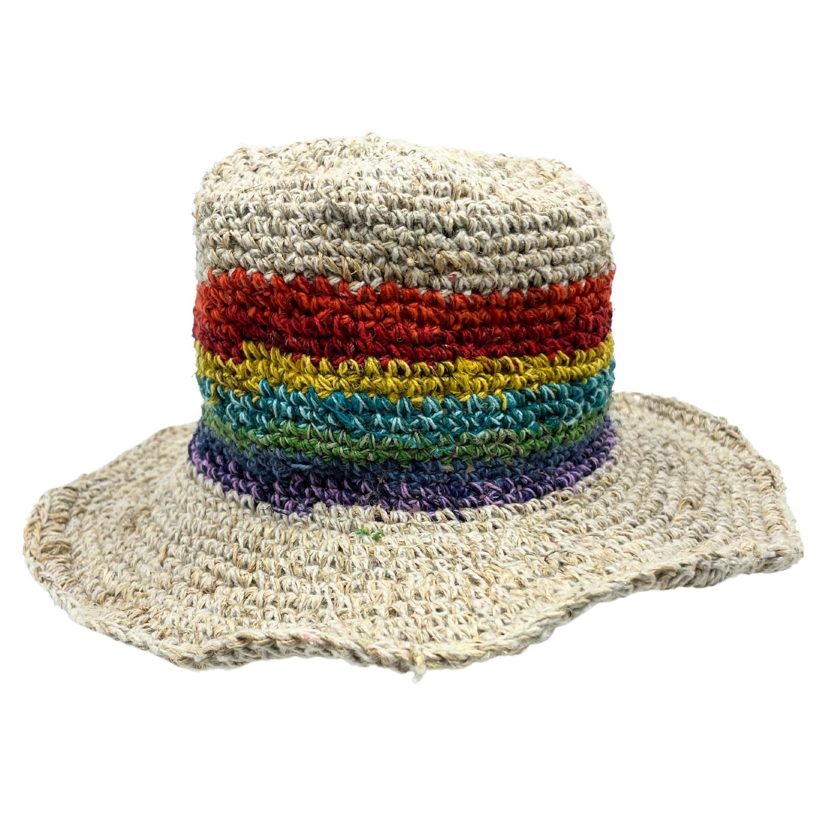 Rankų darbo kanapių ir medvilnės boho kepurė „Rainbow“ – spalvotas festivalio žavesys