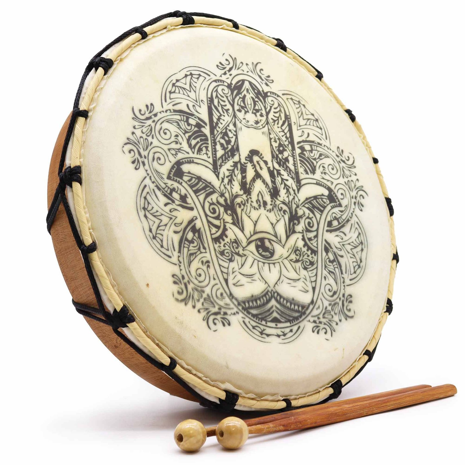 Alternative view of Šamaniškas būgnas „Hamsa“ su dviem lazdelėmis – 30 cm ritualo skambesys