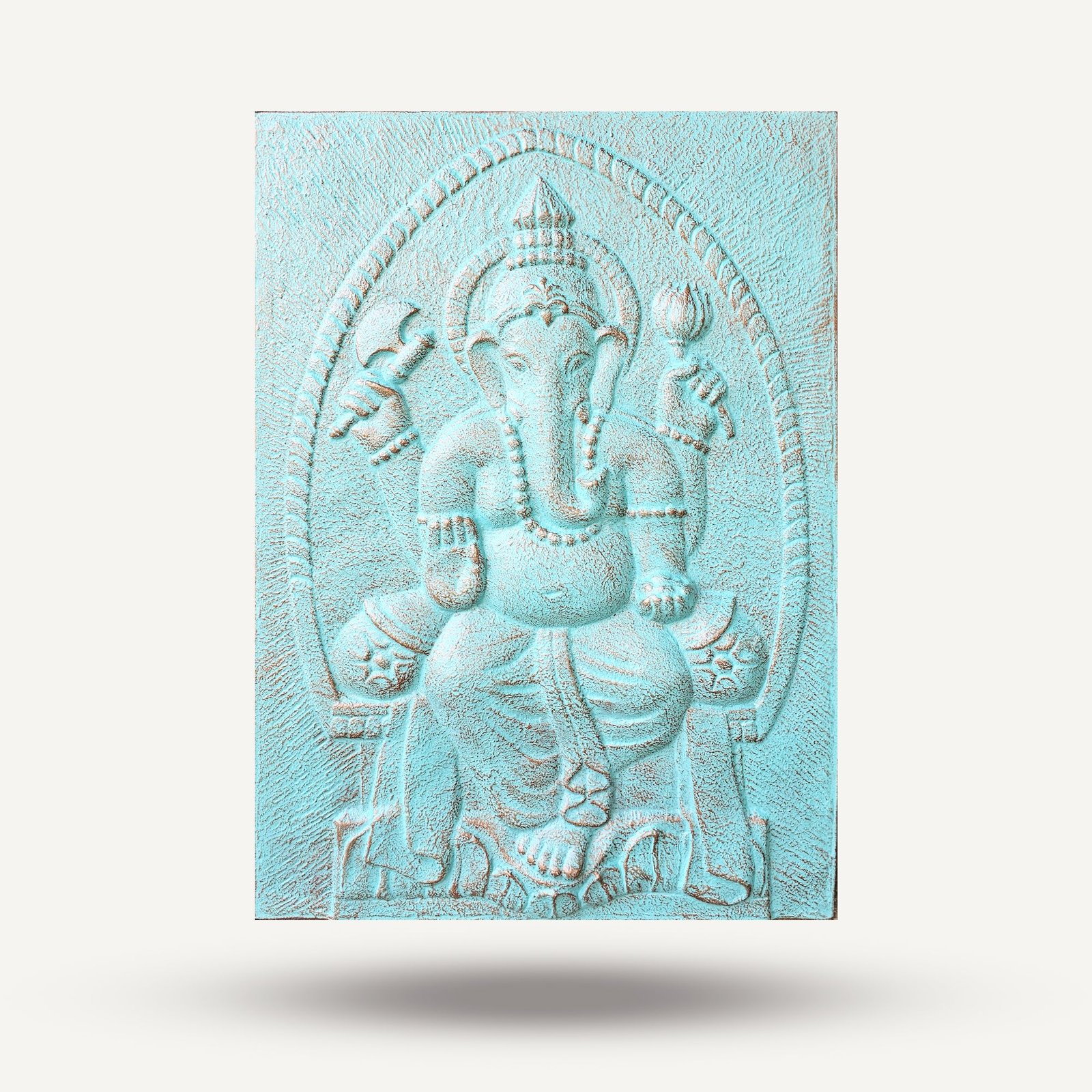 Alternative view of Didelis Ganpati reljefas „Turquoise Relief“ – 100 × 70 cm sodo ramybės akcentas