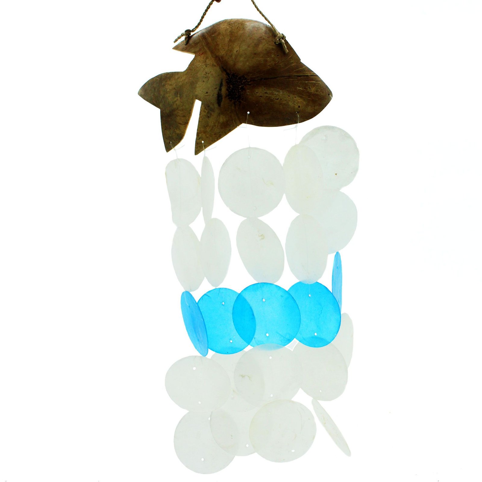 Vėjo varpeliai „Blue Dolphins“ – kokosų ir capiz stiklo jūros šnabždesys, 30 cm
