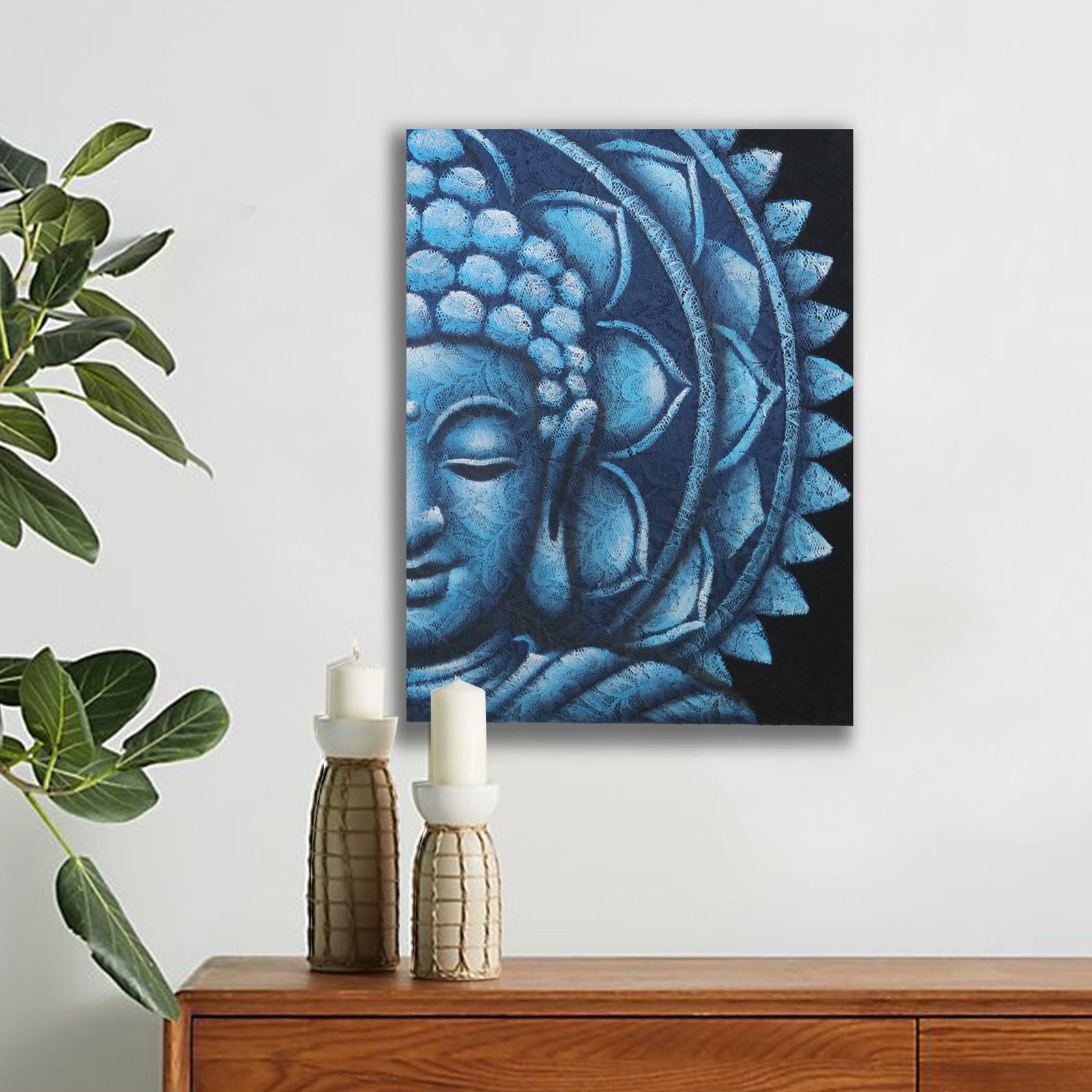 Alternative view of Sienos paveikslas „Blue Half Buddha Mandala“ – 60 × 80 cm ramybės akcentas