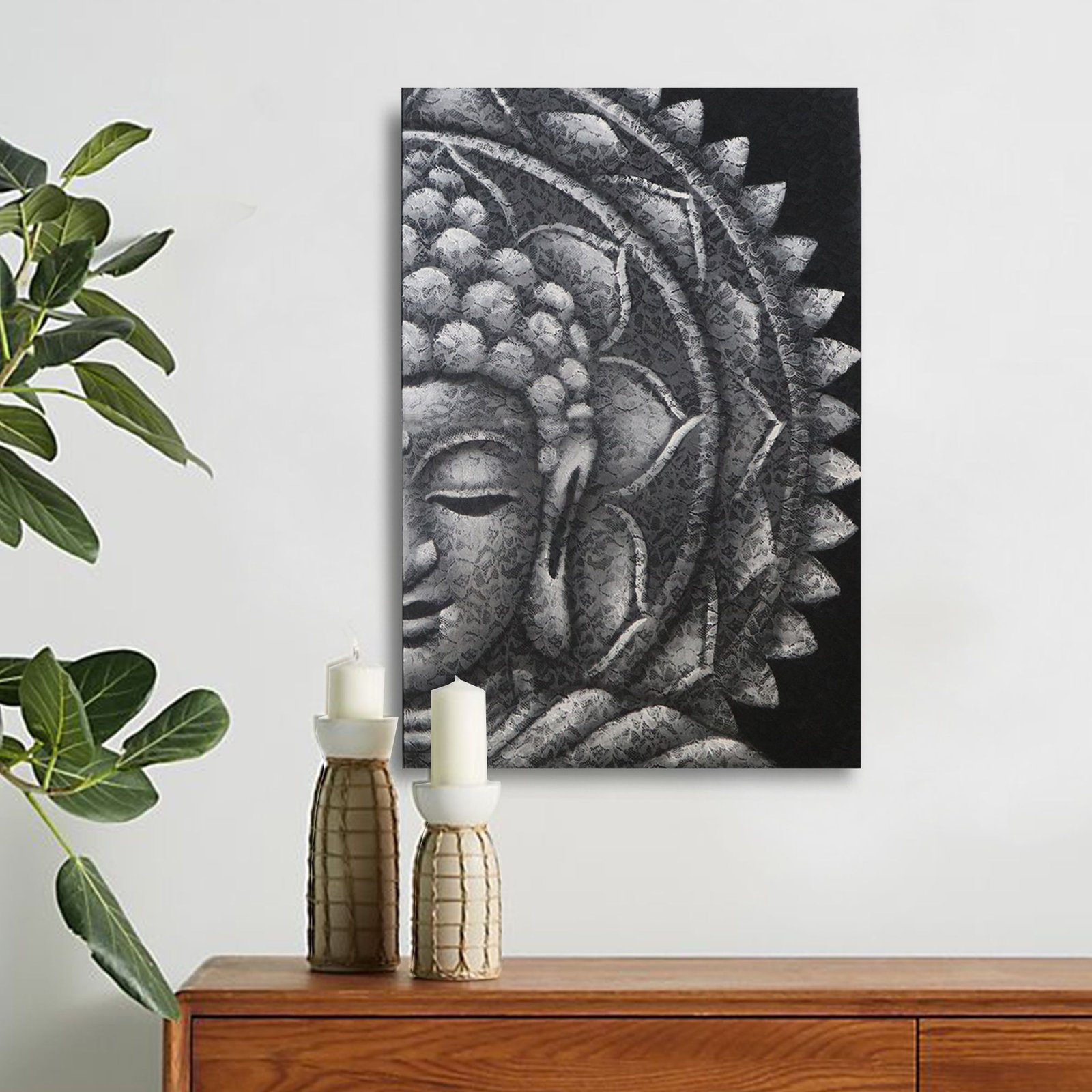 Alternative view of Sienos paveikslas „Grey Half Buddha Mandala“ – 60×80 cm ramybės ir tylos akcentas
