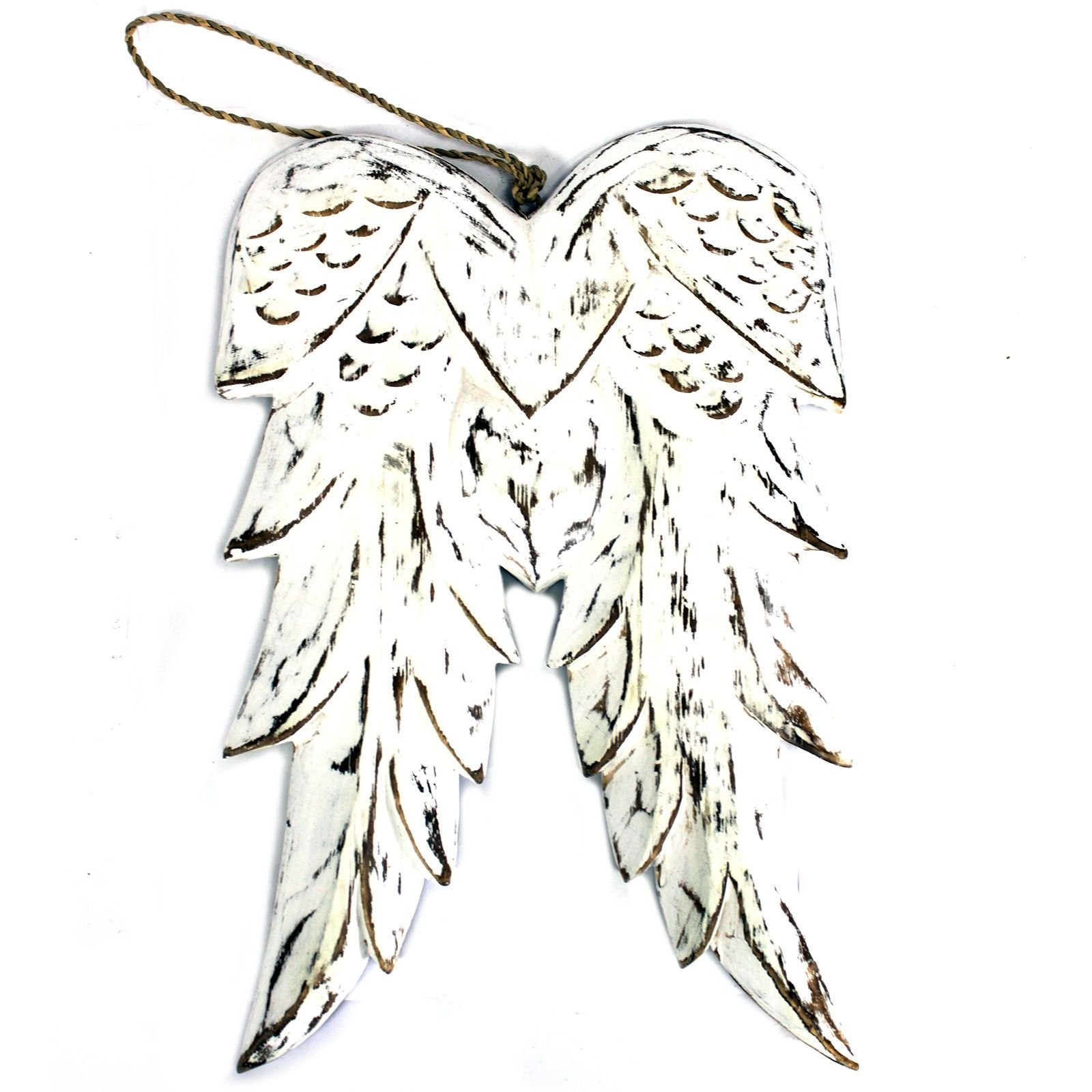 Rankų darbo dvigubi angelo sparnai „White Washed Albesia Wood“ – 31 cm šviesos akcentas