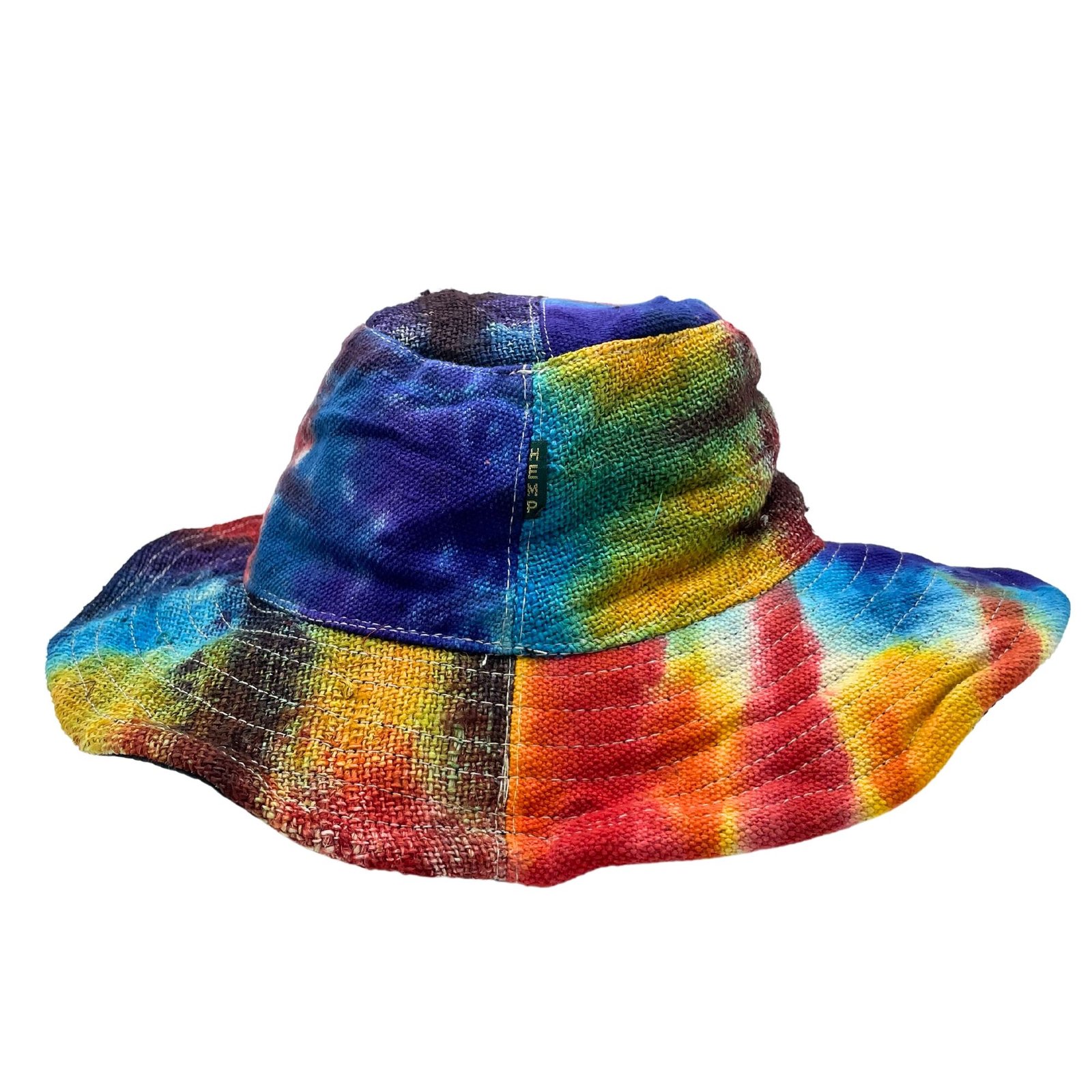 Boho festivalinė kepurė „Tiedye“ iš kanapių pluošto ir medvilnės – laisvės prisilietimas