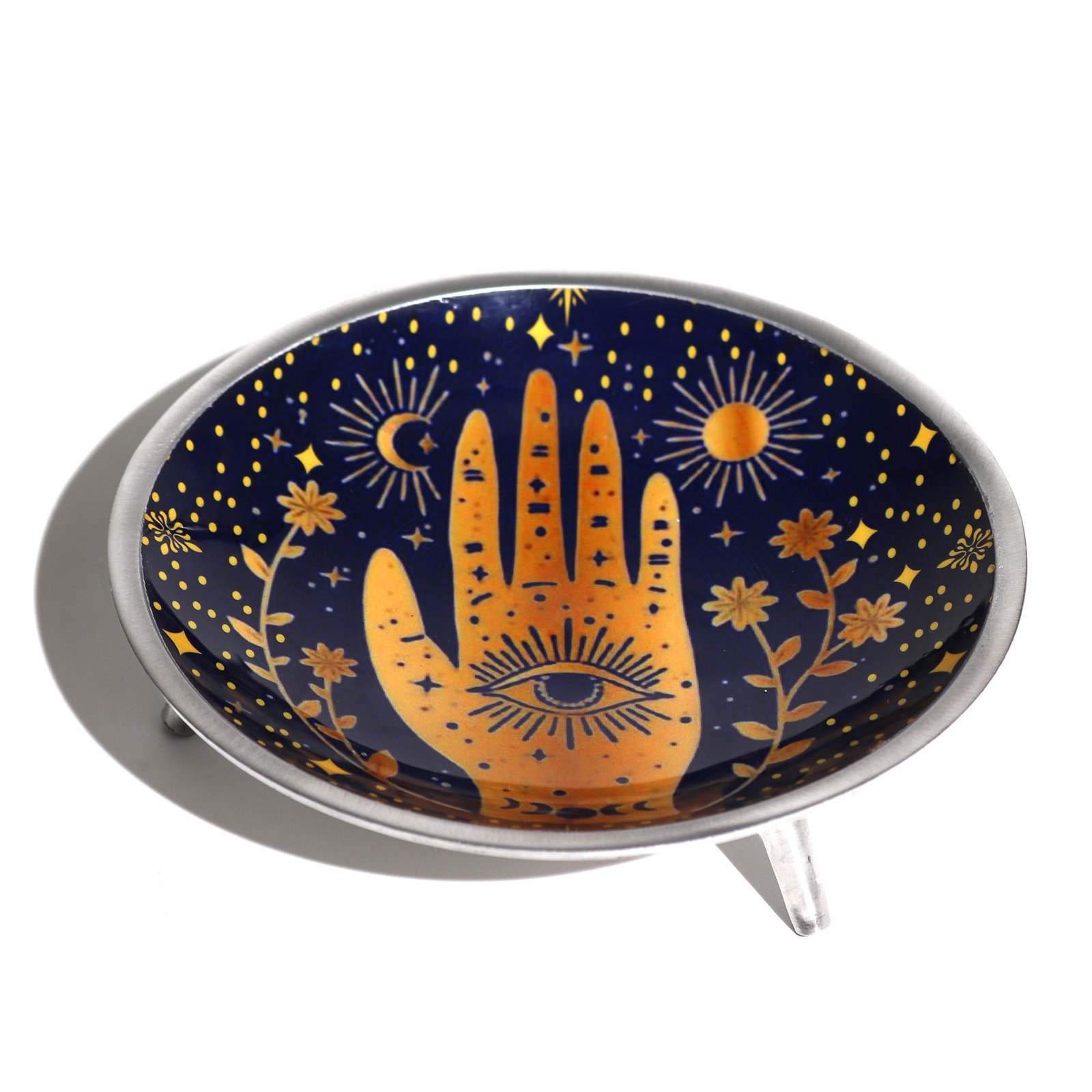 Trijų kojelių emaliuota aukojimo lėkštelė „Hamsa Midnight Blue“ – mėlynos nakties ritualo akcentas