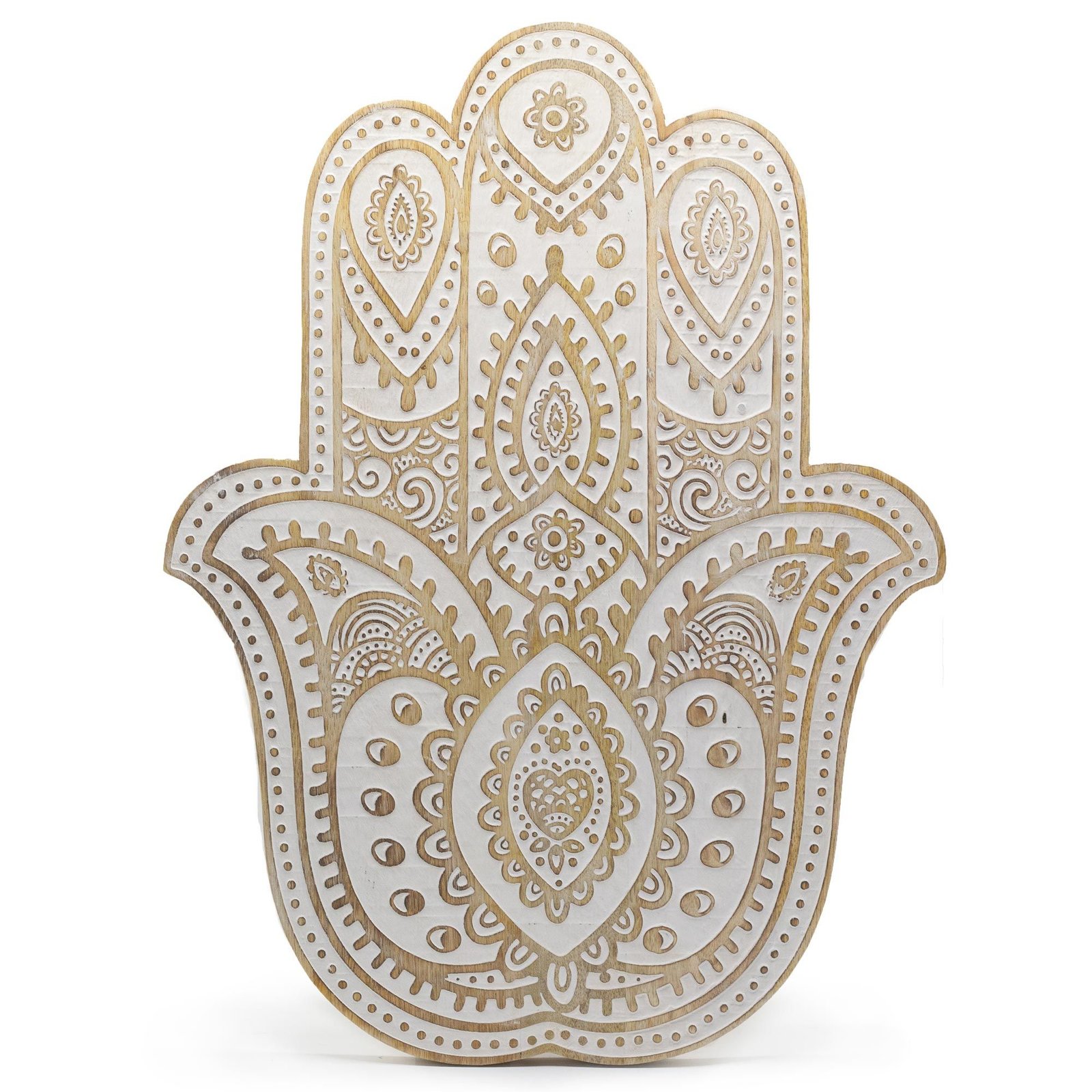 Mango medienos sieninė lentelė „Hamsa“ – baltojo švytėjimo namų talismanas, 52 cm