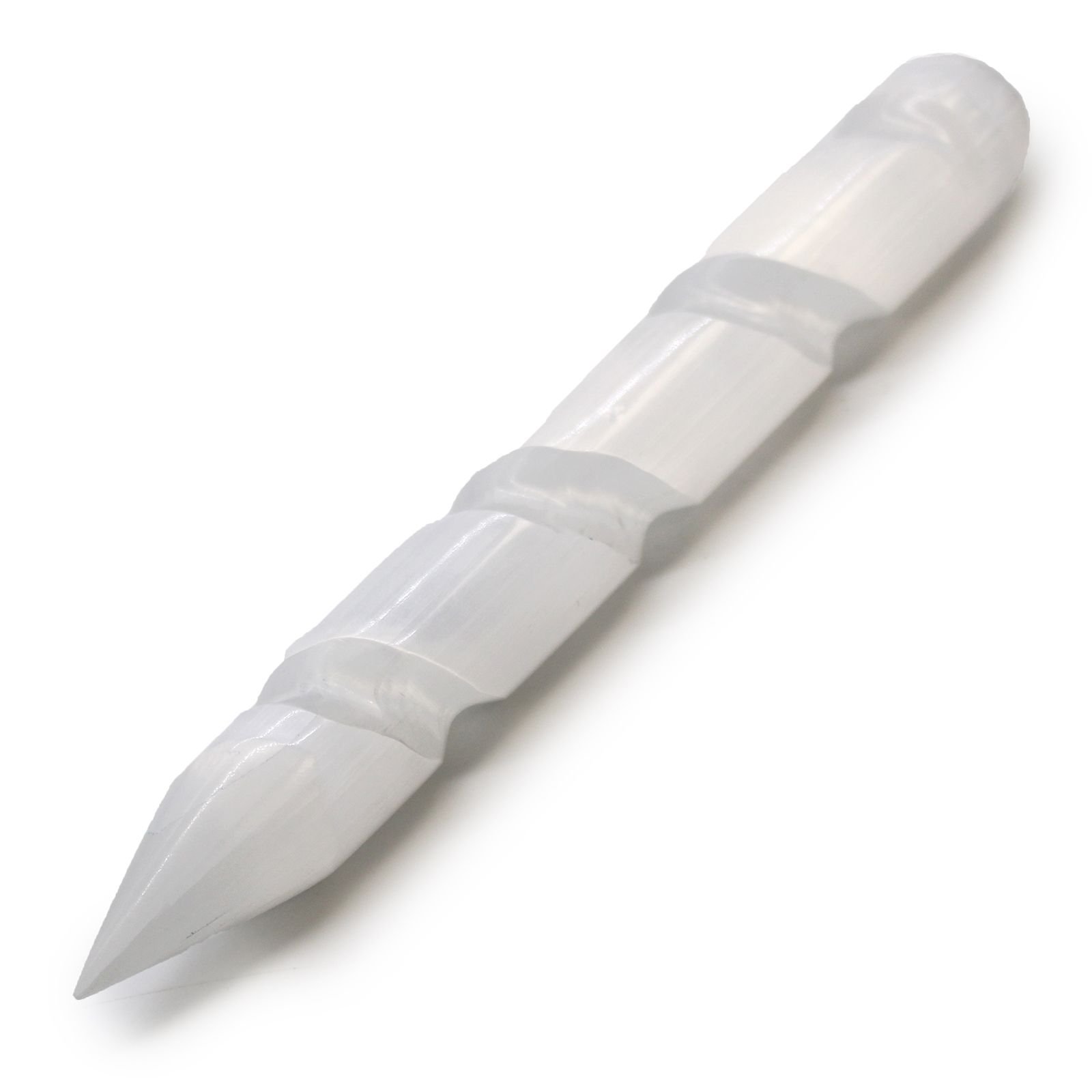 Selenito spiralės lazdelė „Point One Ends“ – 16 cm šviesos ritualo akcentas