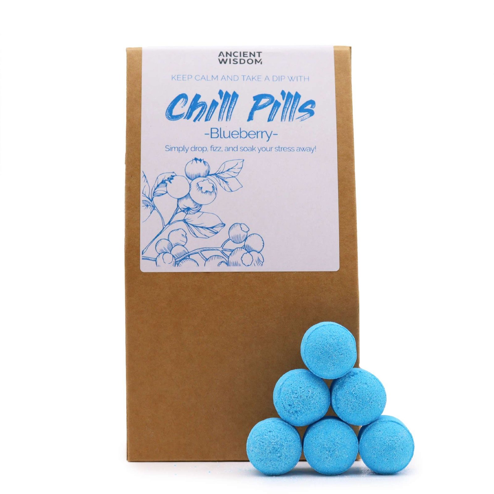 Vonios bombų rinkinys „Chill Pills“ „Blueberry“ – mėlynių kvapo mažoji vonios magija, 350 g