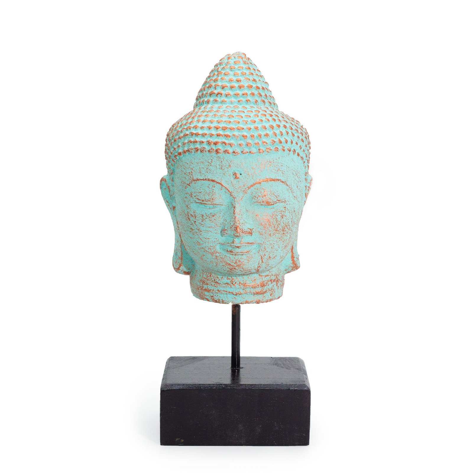 Budos galvos statulėlė „Stillness Buddha Head on Stand“ – žalvario žalumos ramybės akcentas