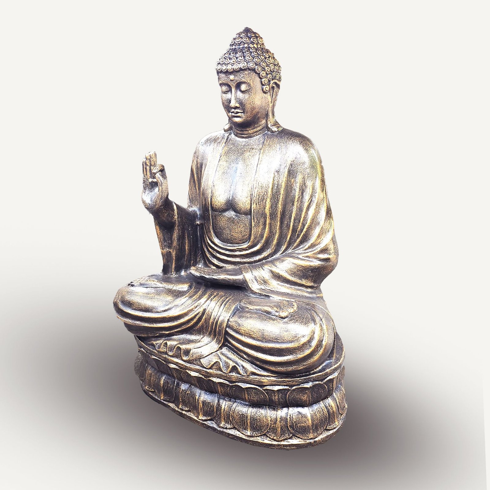 Alternative view of Didelė antikinio aukso Budos statula „Teaching on Lotus“ – 2 m sodo ramybės akcentas