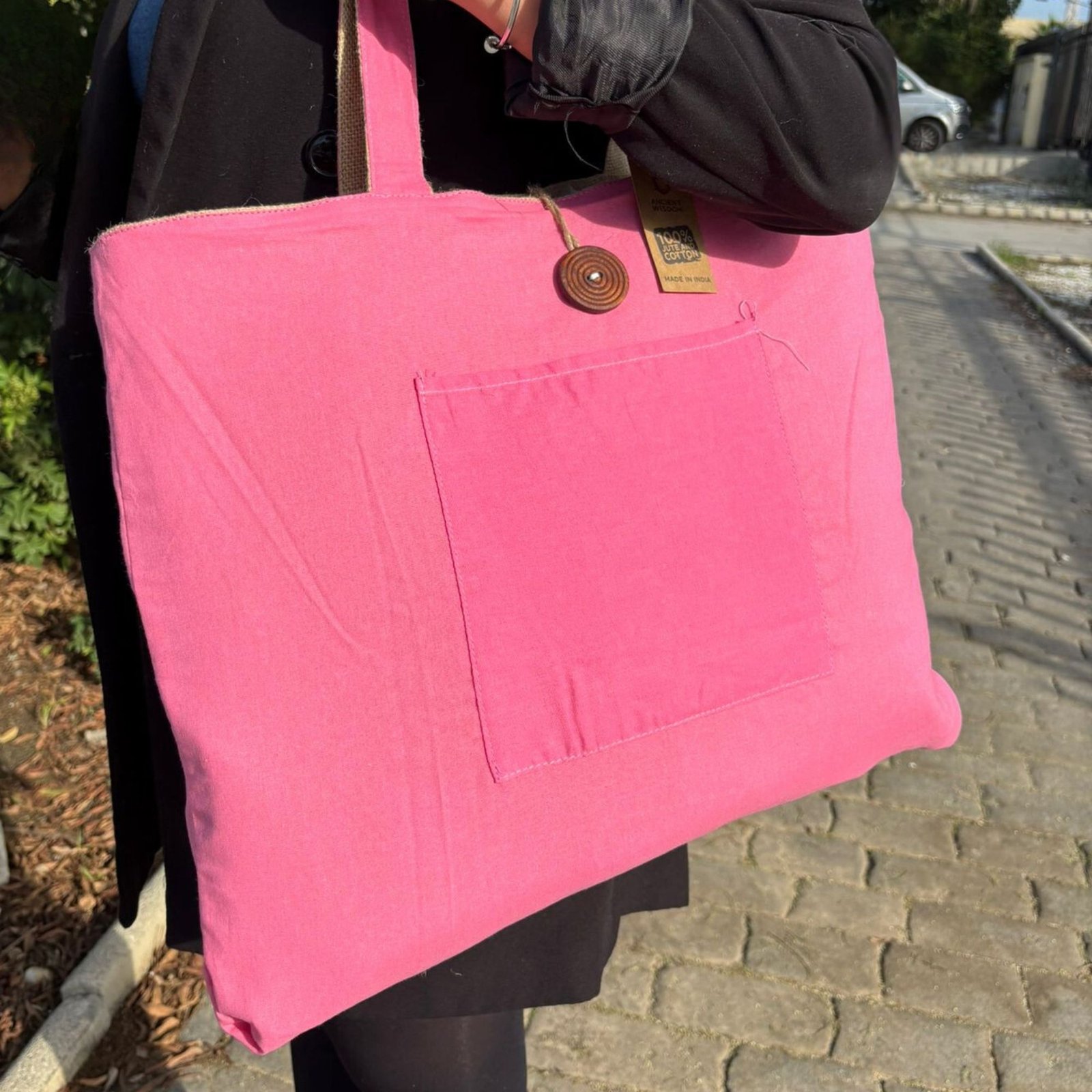 Alternative view of Dvipusis didelis džiuto ir medvilnės krepšys „Pink“ – jaukus kasdienės kelionės palydovas