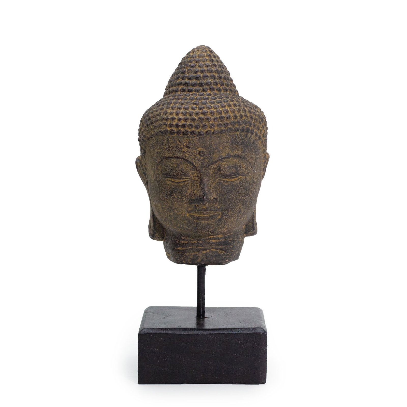 Budos galvos statula ant stovo „Stillness Buddha Head“ – pilko akmens ramybės akcentas