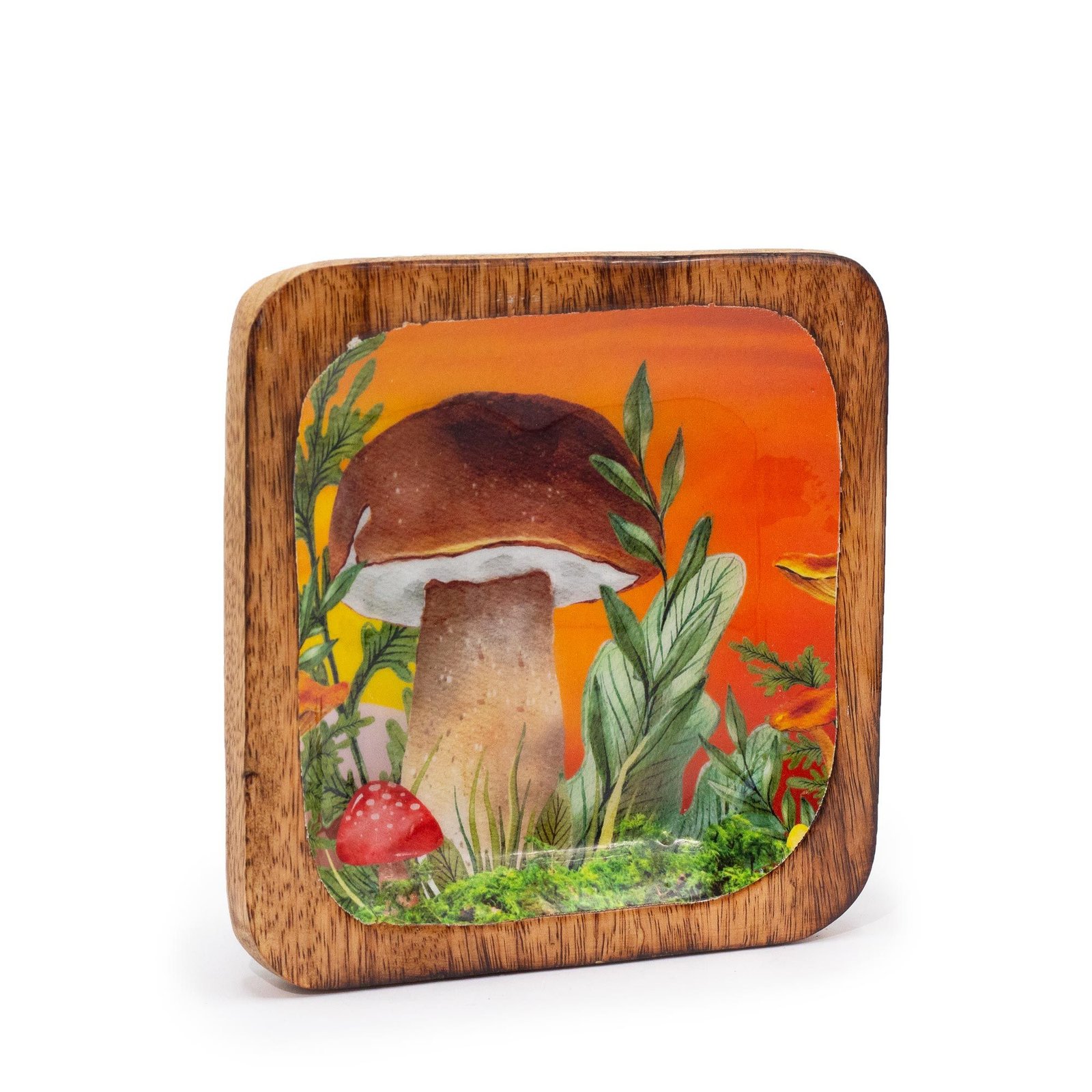 Didelis kvadratinis padėklas „Mushroom Design Maroon“ – mangmedžio jaukumo akcentas