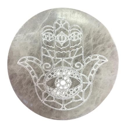 Selenito įkrovimo plokštelė „Hamsa“ – 10 cm šviesos ir ramybės akcentas