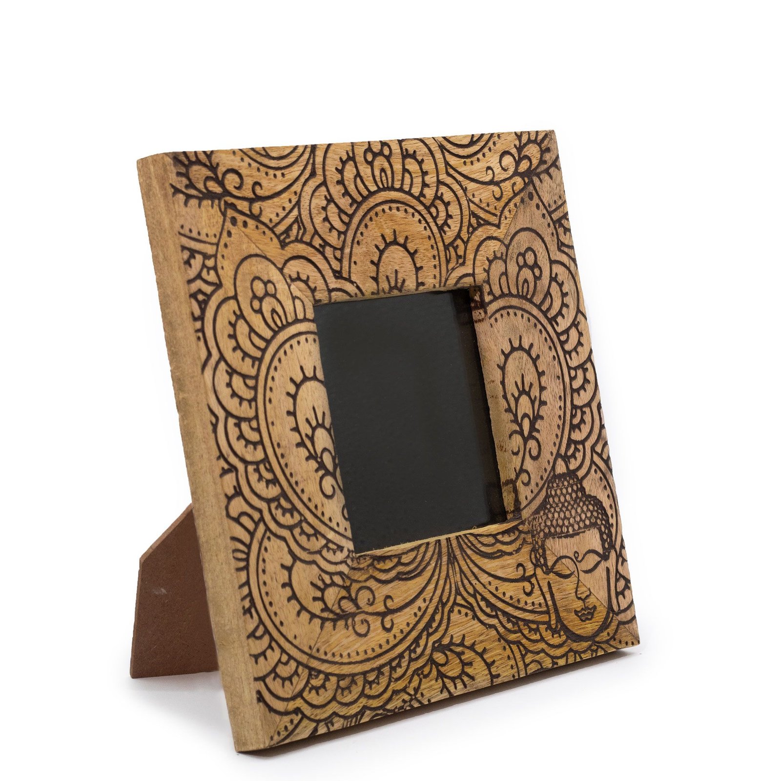Nuotraukų rėmelis „Buddha“ iš mango medienos – juodas 10×15 cm atminimo akcentas