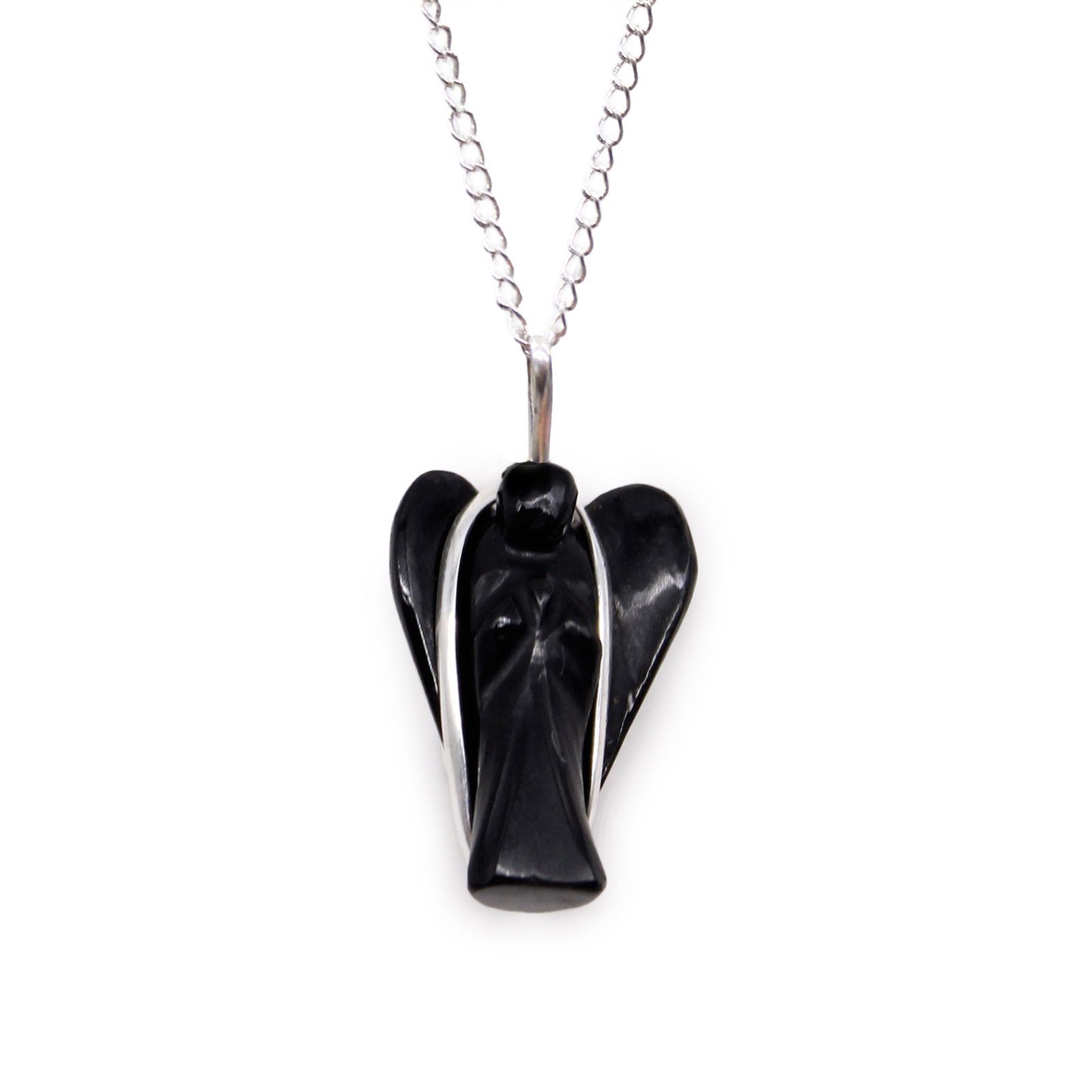 Pakabukas su brangakmeniu „Black Agate“ – sidabru dengtas angelas-sargas