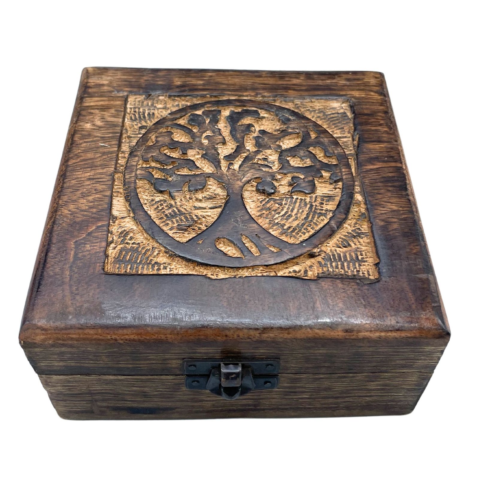 Medinė prisiminimų dėžutė „Tree of Life“ – rankomis drožta 13×13×6 cm paslaptis