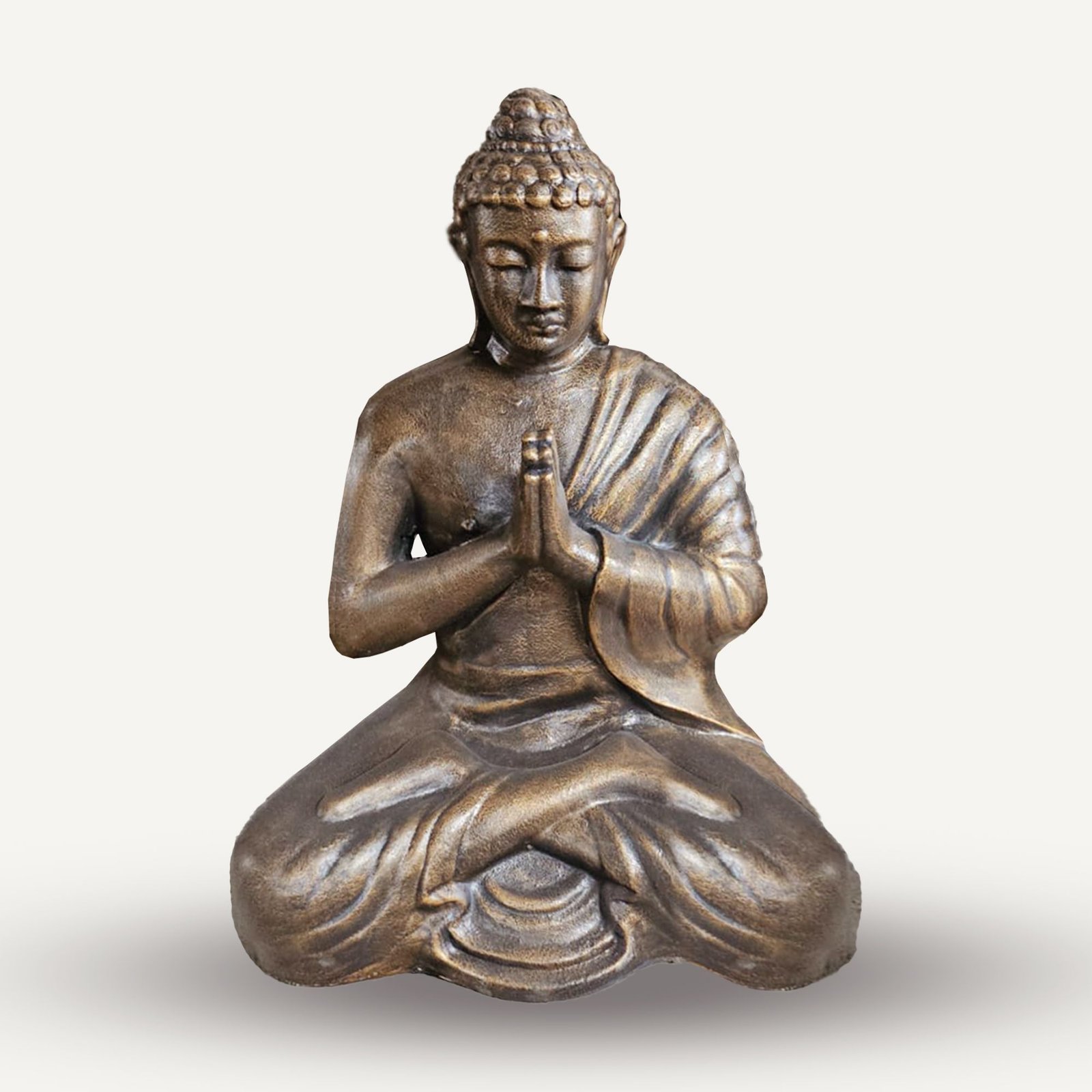 Didelė antikinio aukso Budos statula „Praying Buddha“ – 120 cm ramybės akcentas sodui
