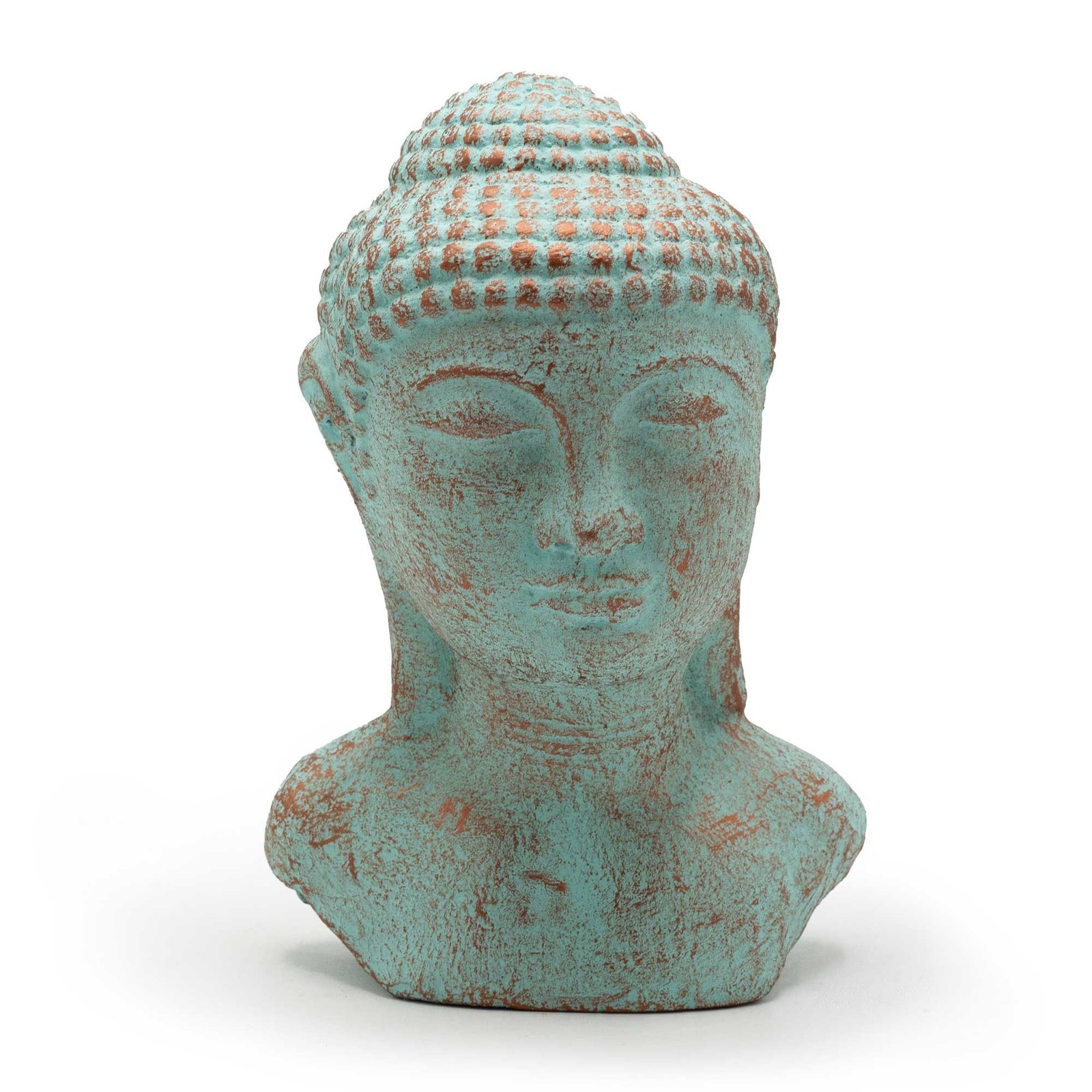 Budos galvos statulėlė „Tranquility Buddha Head“ – žalvario žalumos ramybės akcentas
