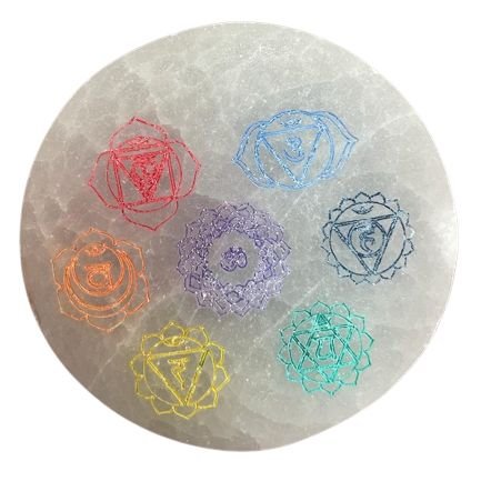 Selenito įkrovimo plokštelė „Chakra Design“ – 8 cm šviesos ir ramybės akcentas