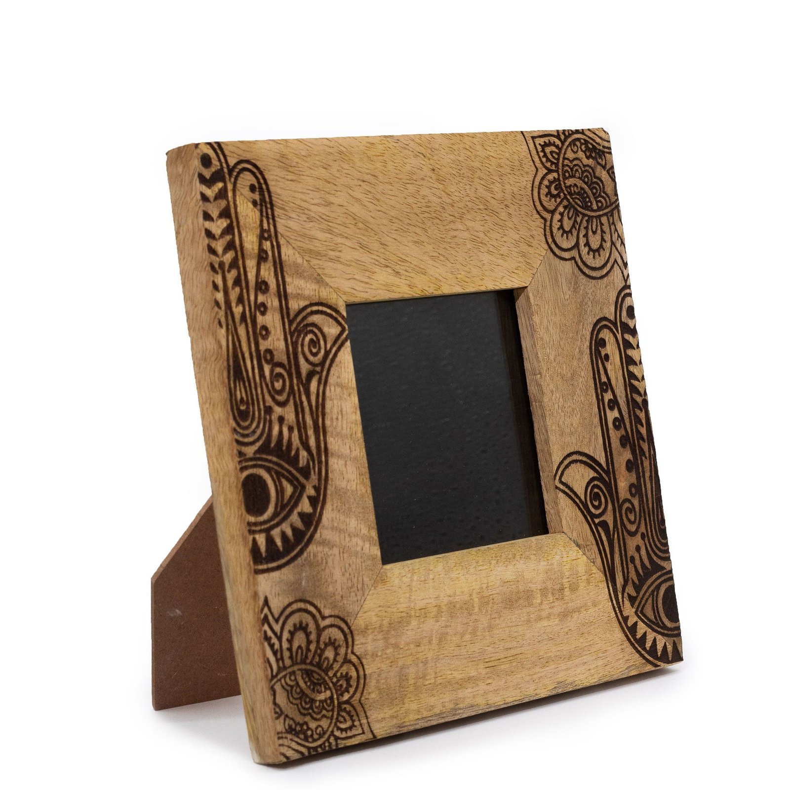 Nuotraukų rėmelis „Hamsa“ iš mango medienos – juodas 20 × 20 cm namų talismanas