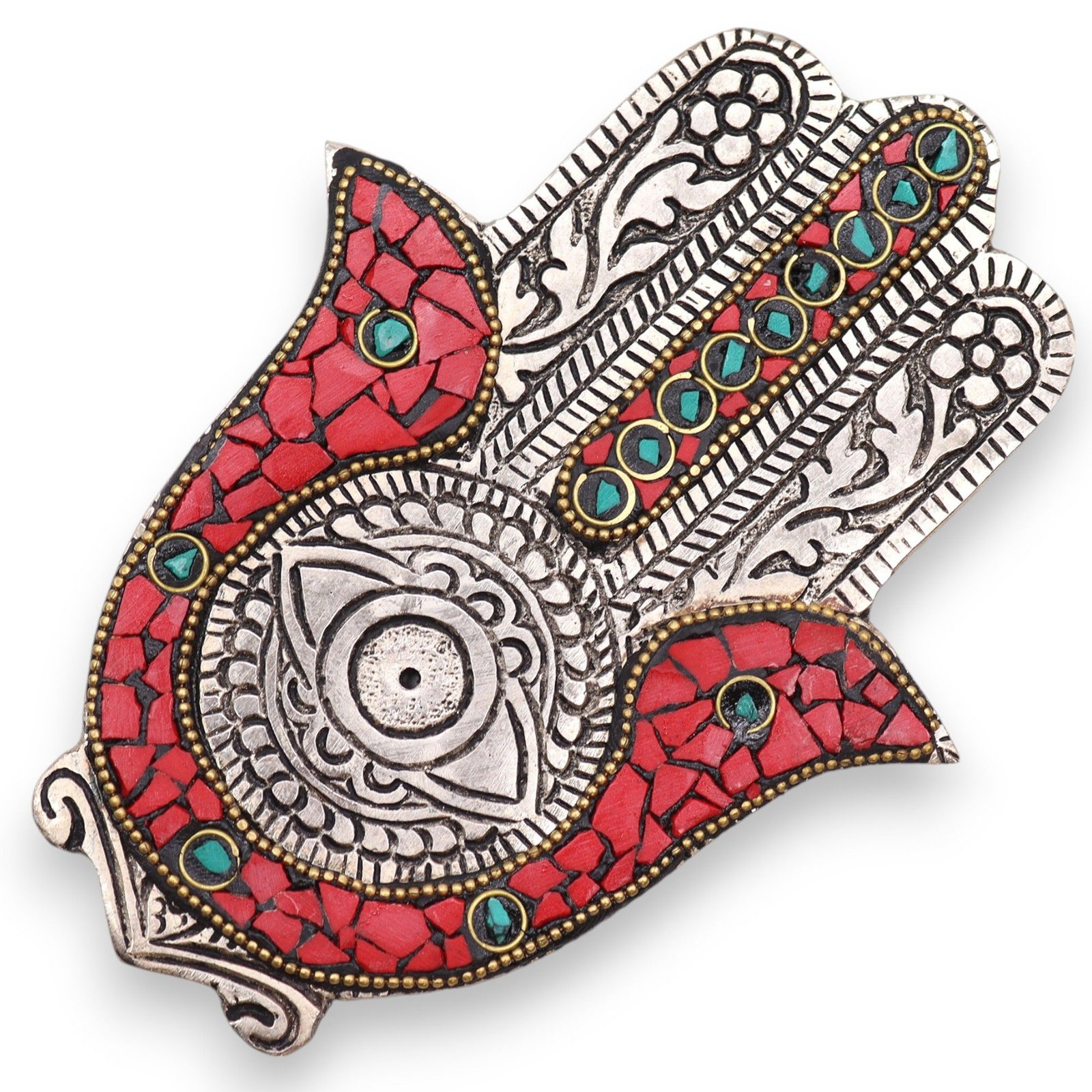 Smilkalų laikiklis „Hamsa“ – raudonos ir žalios spalvų rankų darbo aliuminio talismanas