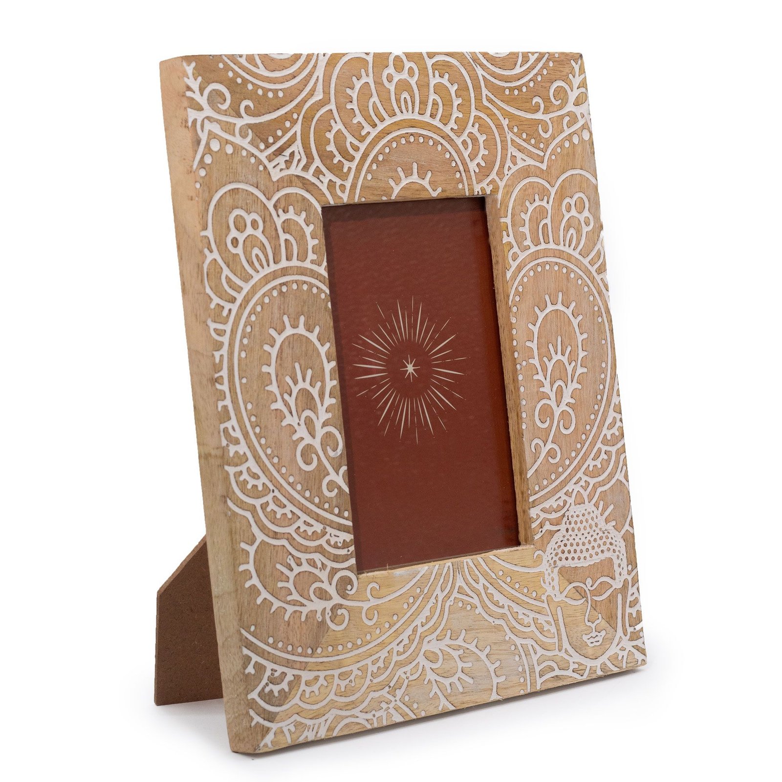 Nuotraukų rėmelis „Buddha“ iš mango medienos – šviesi namų ramybės detalė 10x15 cm