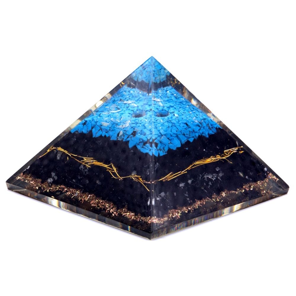 Orgonito piramidė „Turquoise and Black Tourmaline“ – 70 mm paslaptingos apsaugos akcentas