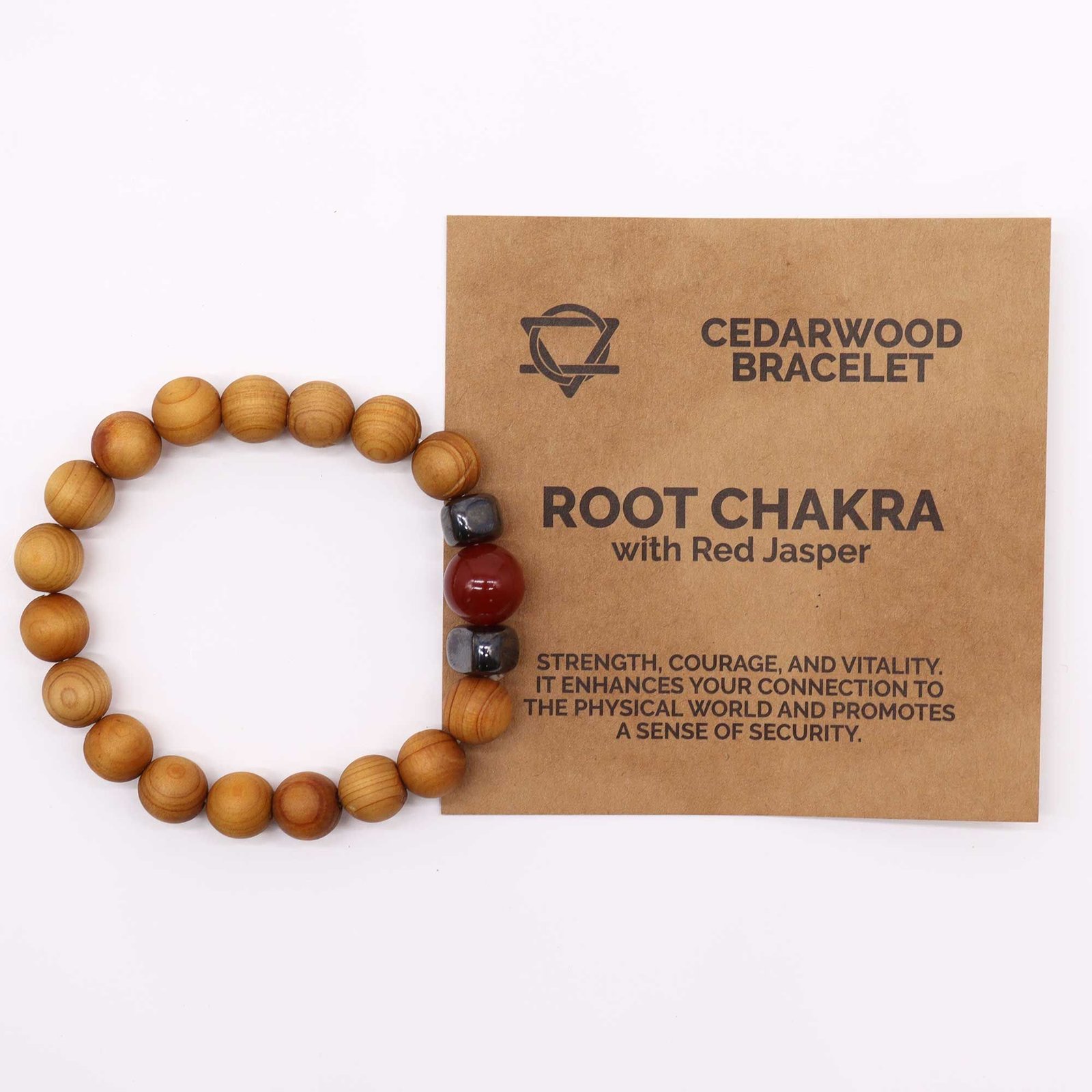 Alternative view of Cedarwood „Root Chakra“ apyrankė su raudonuoju jaspiu – žemiškos ramybės akcentas