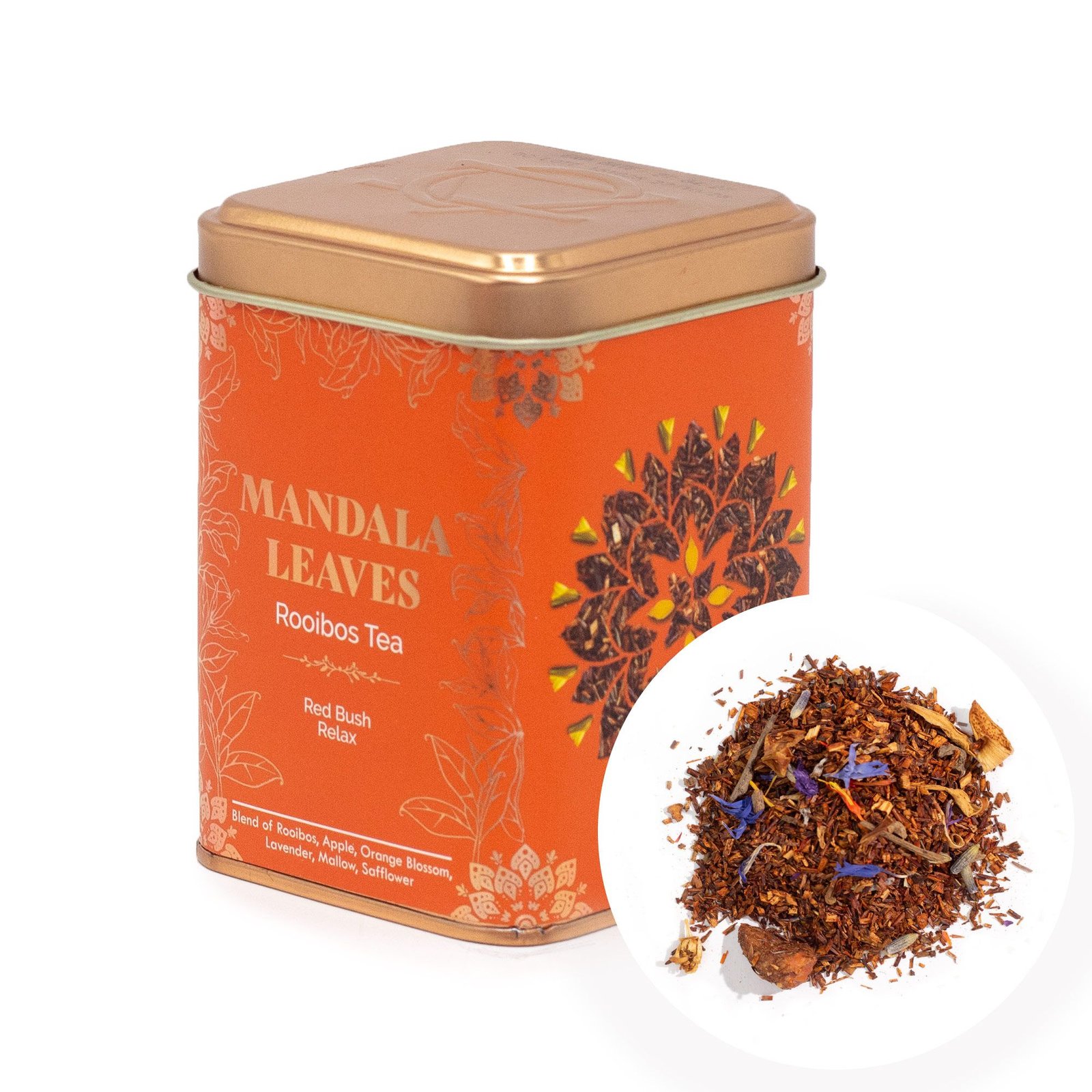 Raminanti rooibos arbata „Red Bush Relax Tea“ – žolelių ir gėlių vakaro ritualas skardinėje