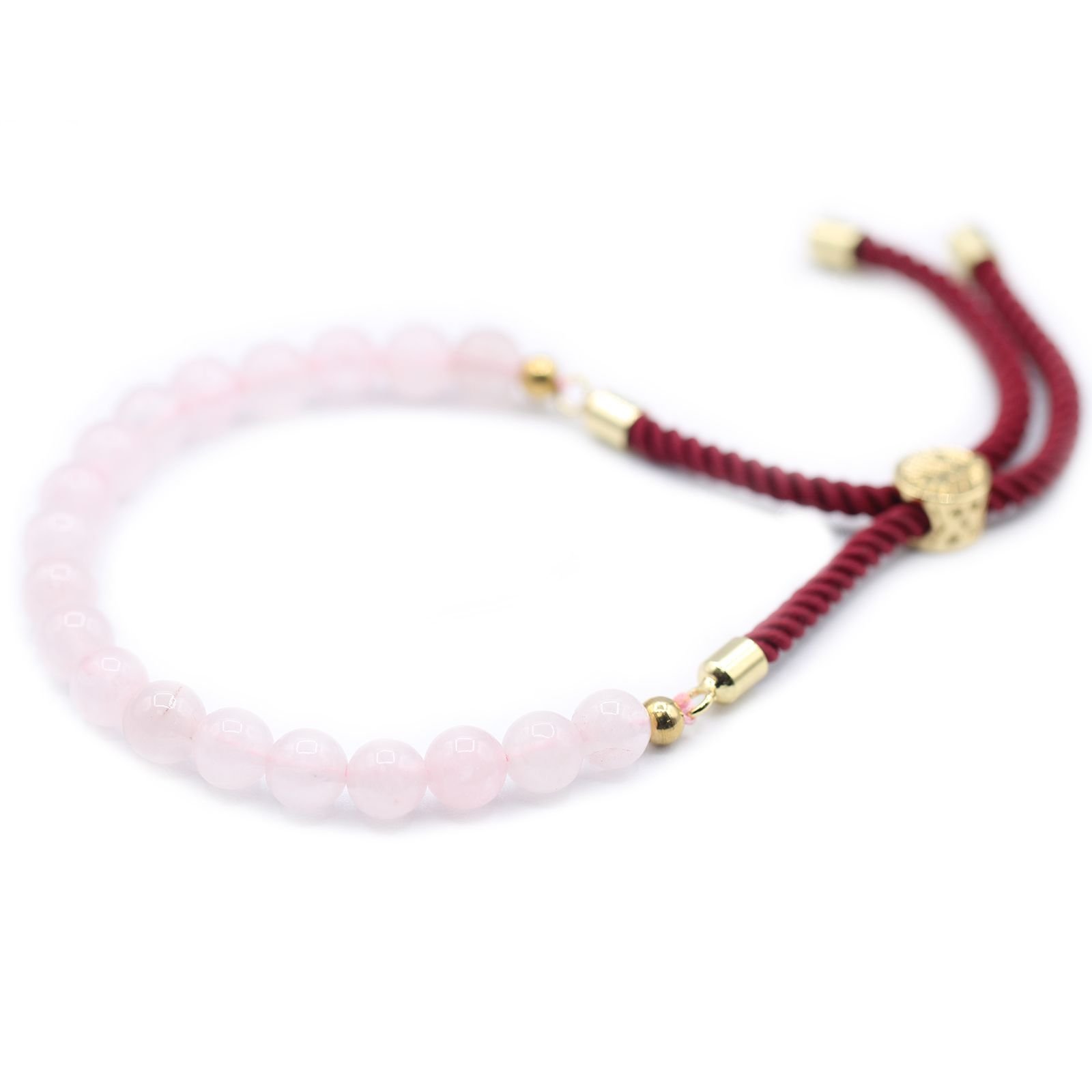 Reguliuojama brangakmenių apyrankė „Rose Quartz“ – bordo virvelės ir 18K aukso žvilgesys