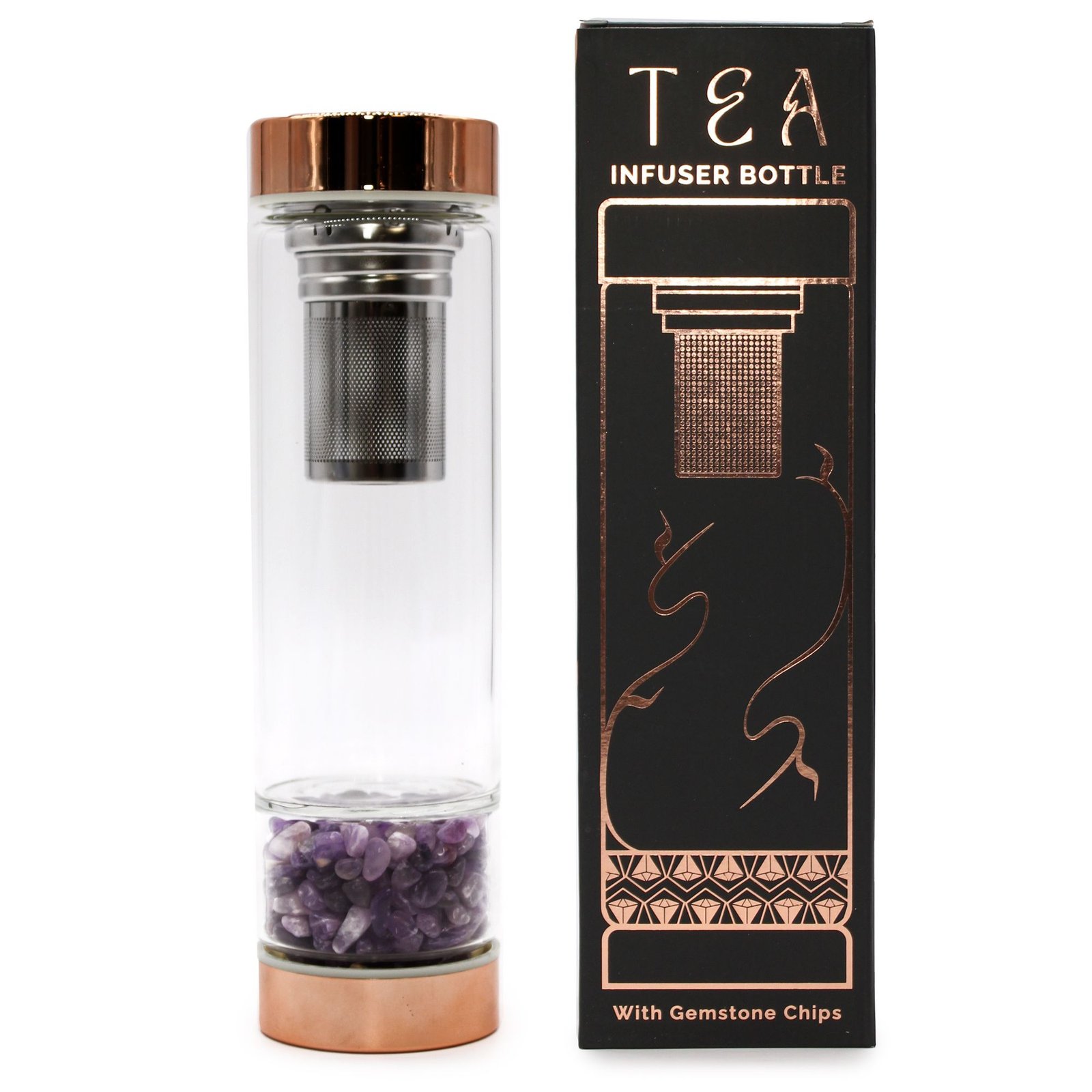 Stiklinis arbatos gertuvės infuzorius „Amethyst“ – rožinio aukso kristalo ritualui
