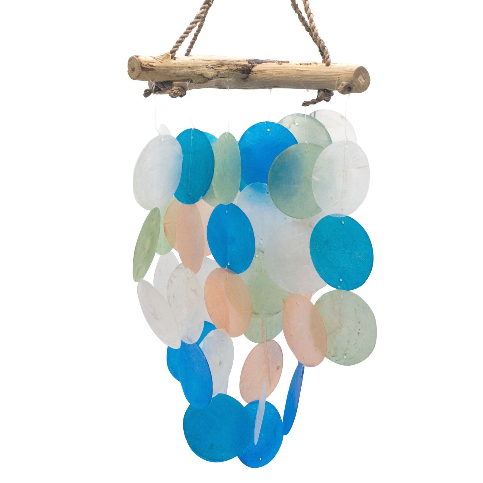 Vėjo varpelis „Blue & Pearl Driftwood Cross Chime“ – mėlynos ramybės ir jūros medžio paslaptis