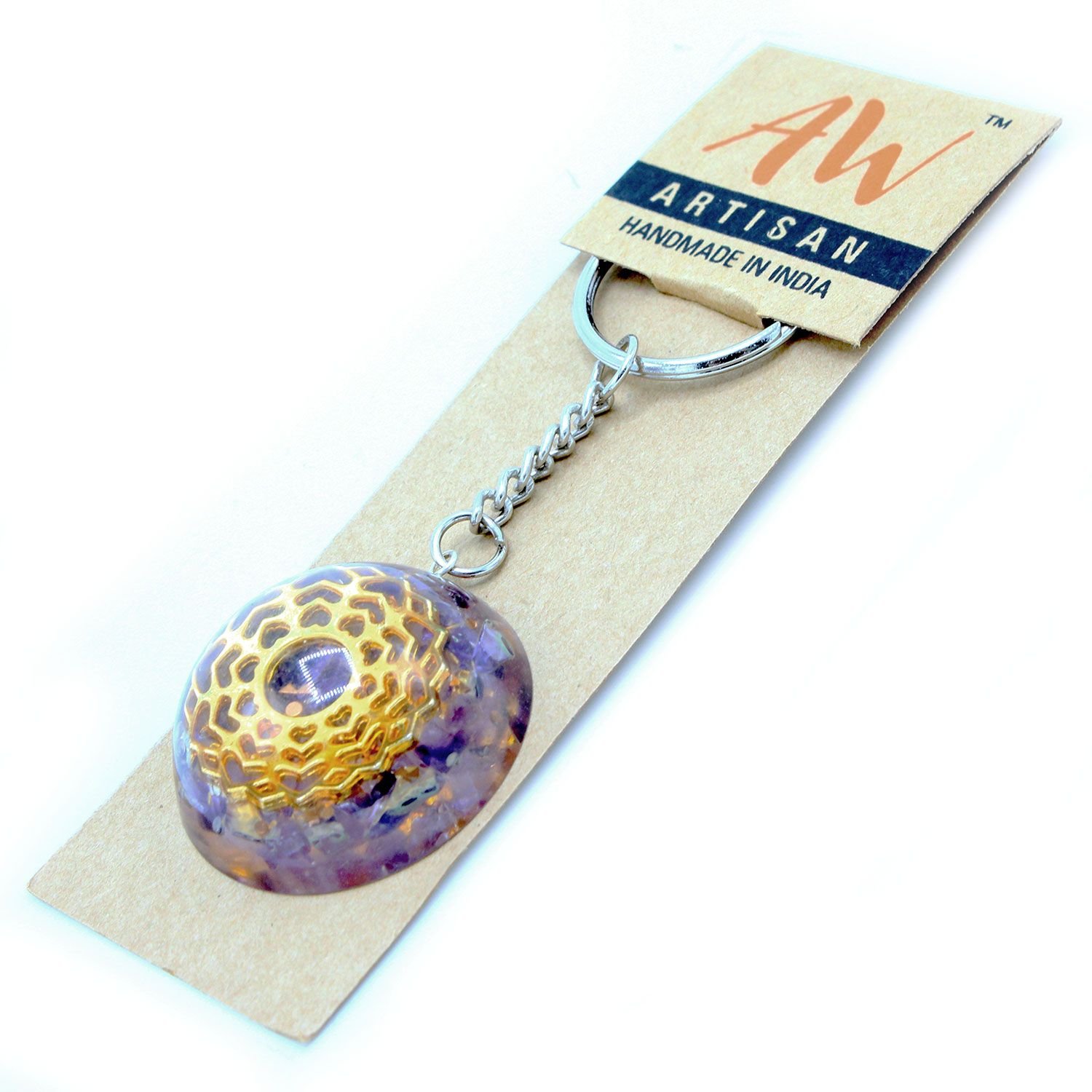 Orgonito galios raktų pakabukas „Amethyst Mandala Hearts“ – ametisto mandalos švelni paslaptis