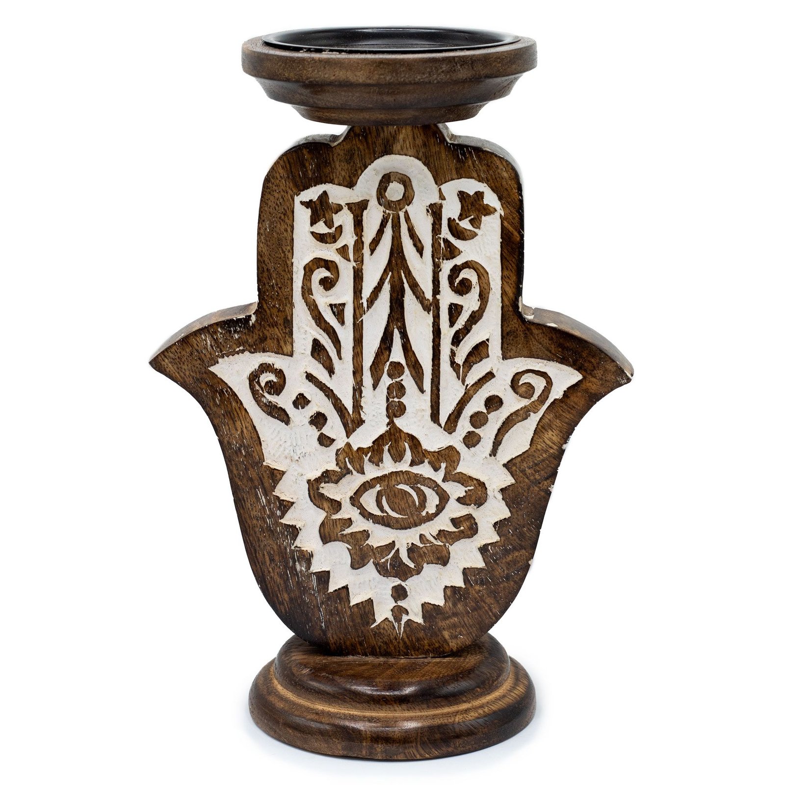 Medinė žvakidė „Hamsa“ – mango medžio apsaugos simbolis namų jaukumui, 25 × 18 cm