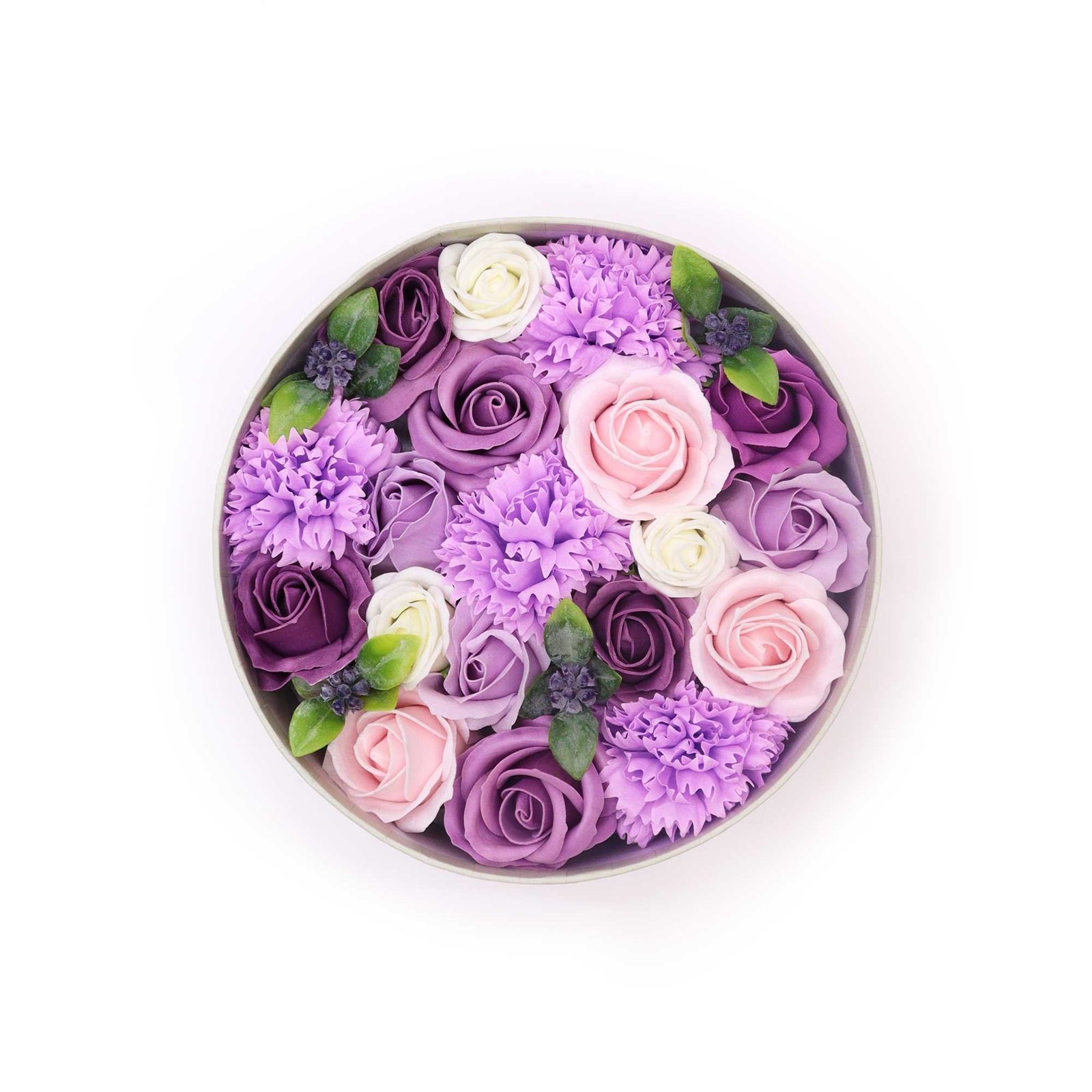 Muilo gėlių dovanų dėžutė „Lavender Rose & Carnation“ – švelnių žiedų ir ramybės akimirka