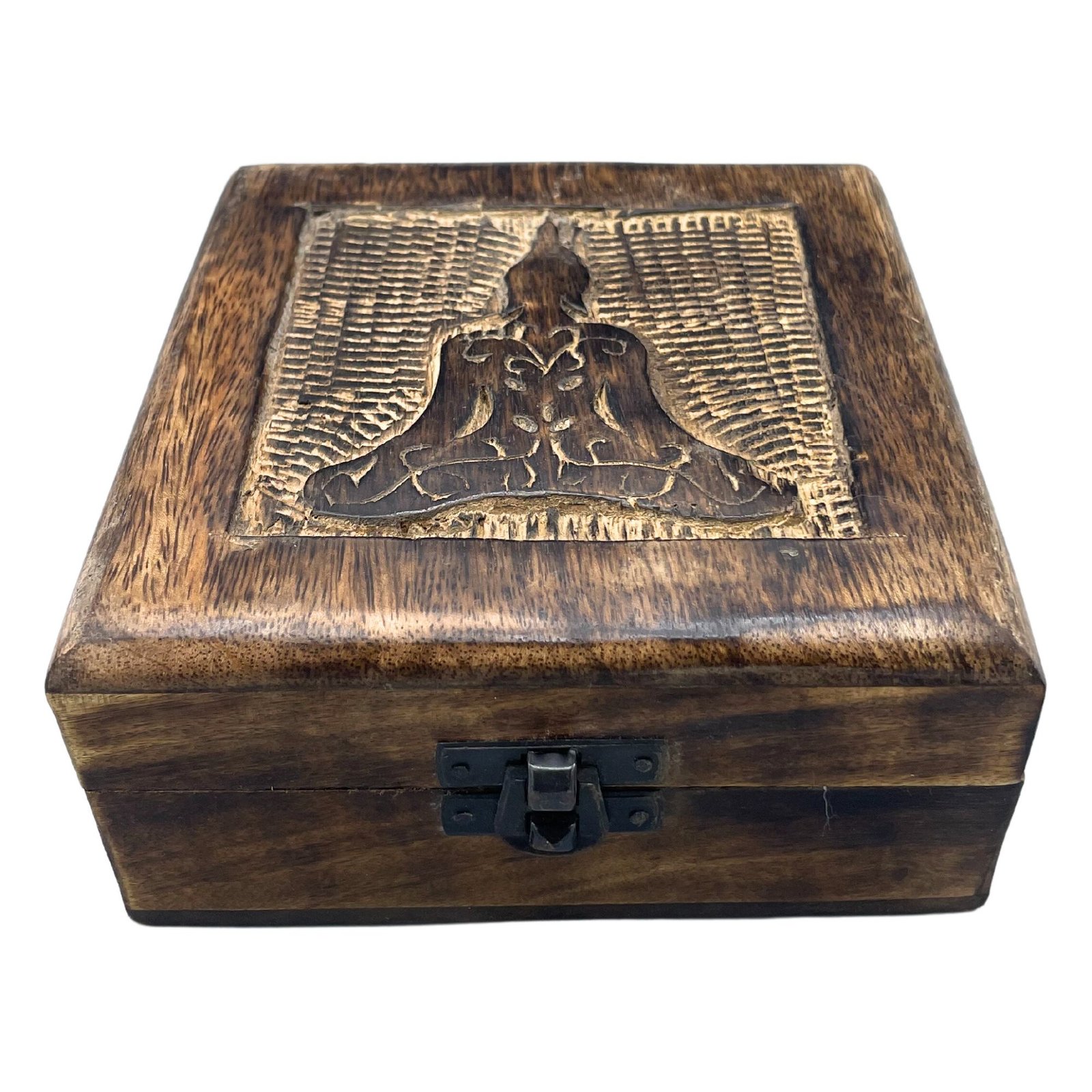Medinė dėžutė „Buddha“ – kvadratinė 13 × 13 × 6 cm mango medžio ramybės slėptuvė