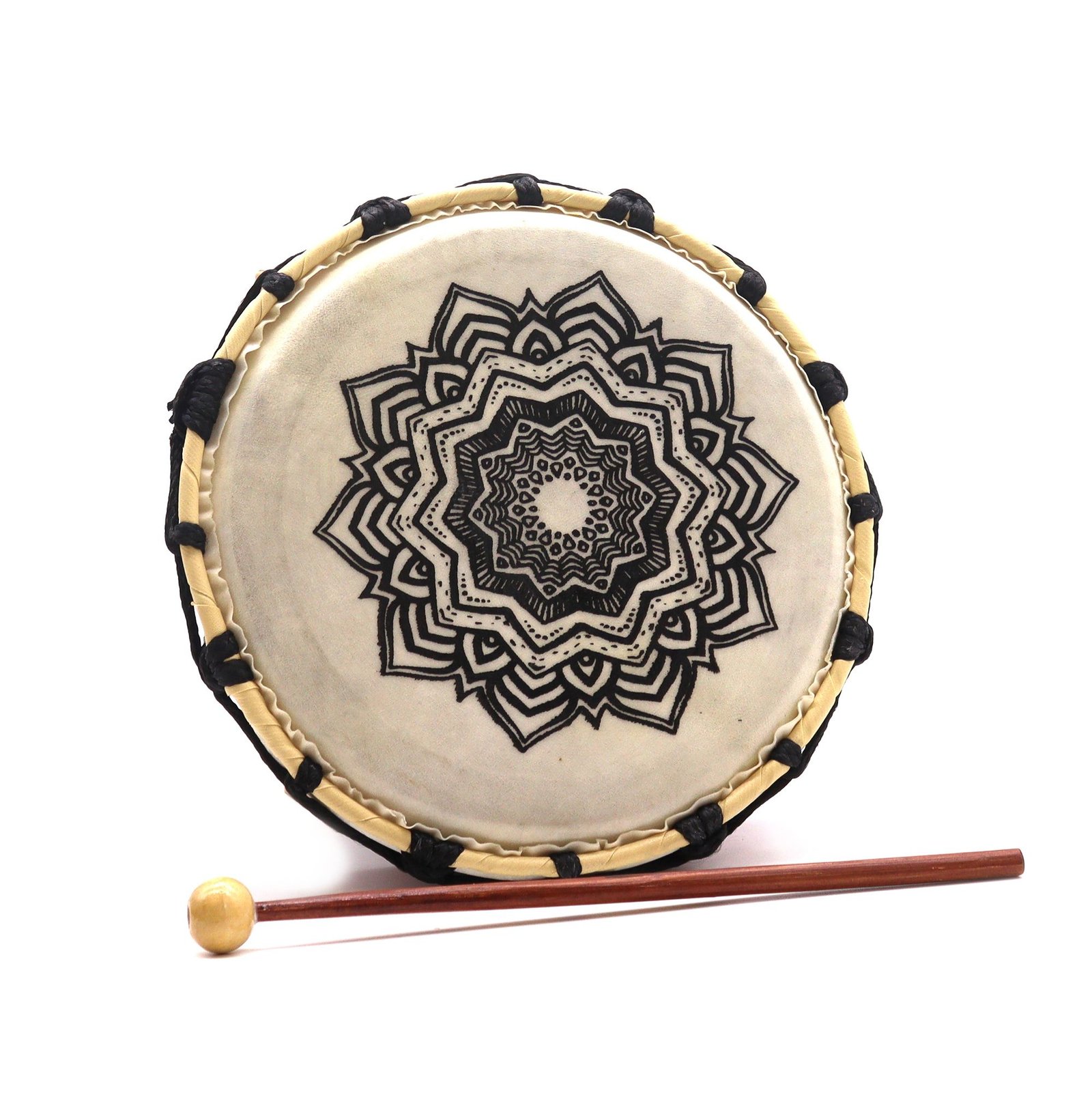 Alternative view of Šamaninis būgnas „Mandala“ – 20 cm ritualo ritmas iš medžio, medvilnės ir ožkos odos