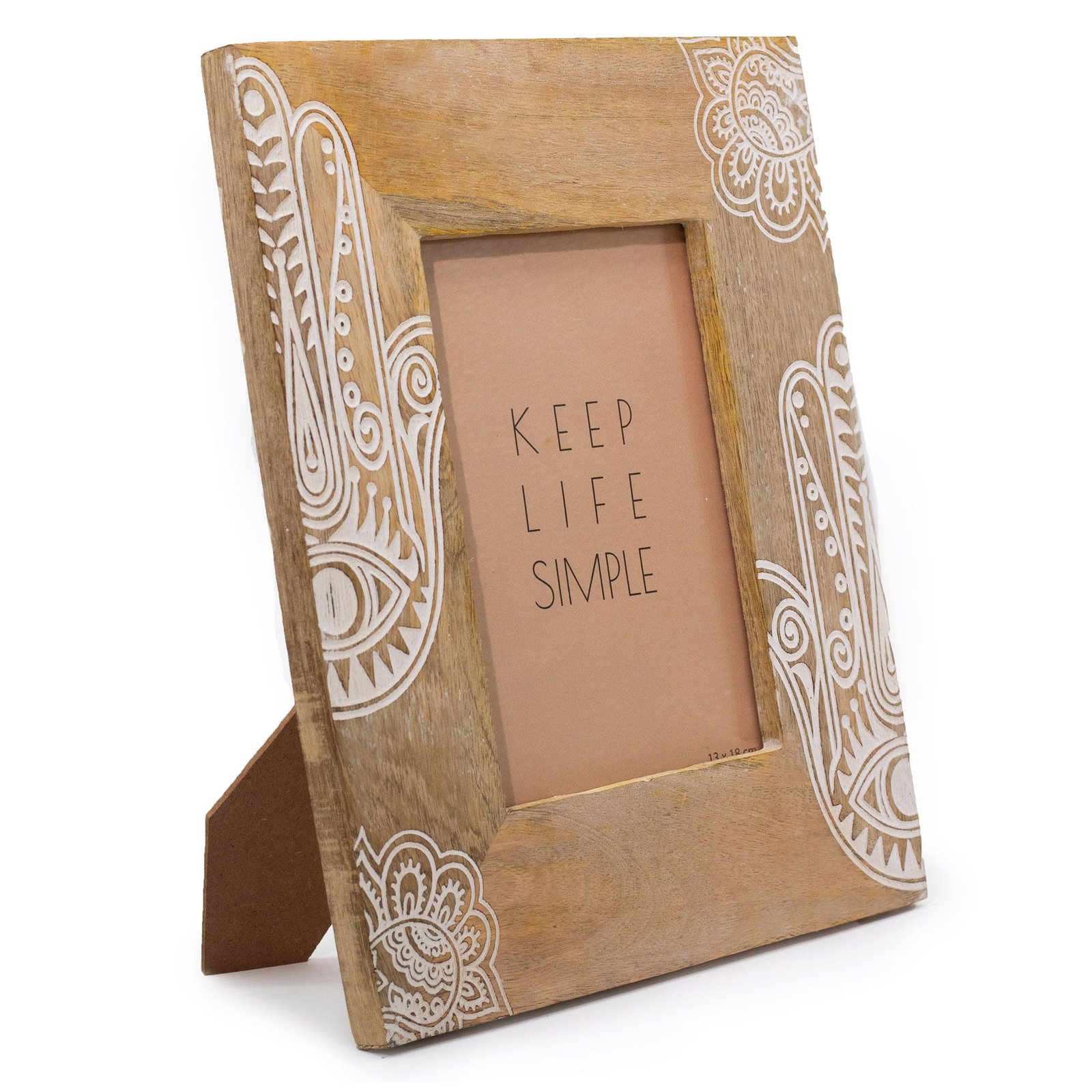 Nuotraukų rėmelis „Hamsa“ iš mango medienos – baltas 13×18 cm namų talismanas