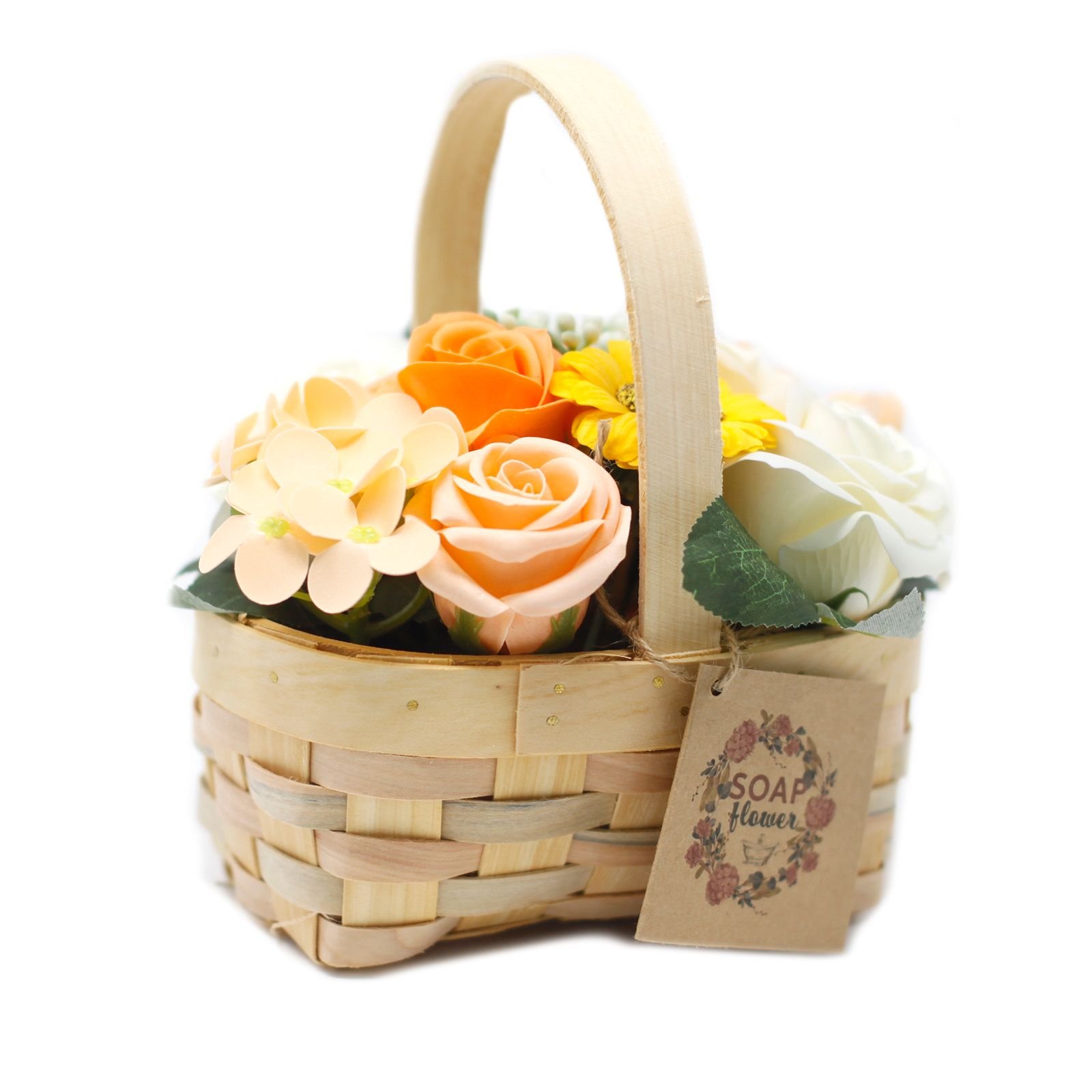 Muilo gėlių puokštė „Medium Orange Bouquet“ pintame krepšelyje – šiltas oranžinis vonios akcentas