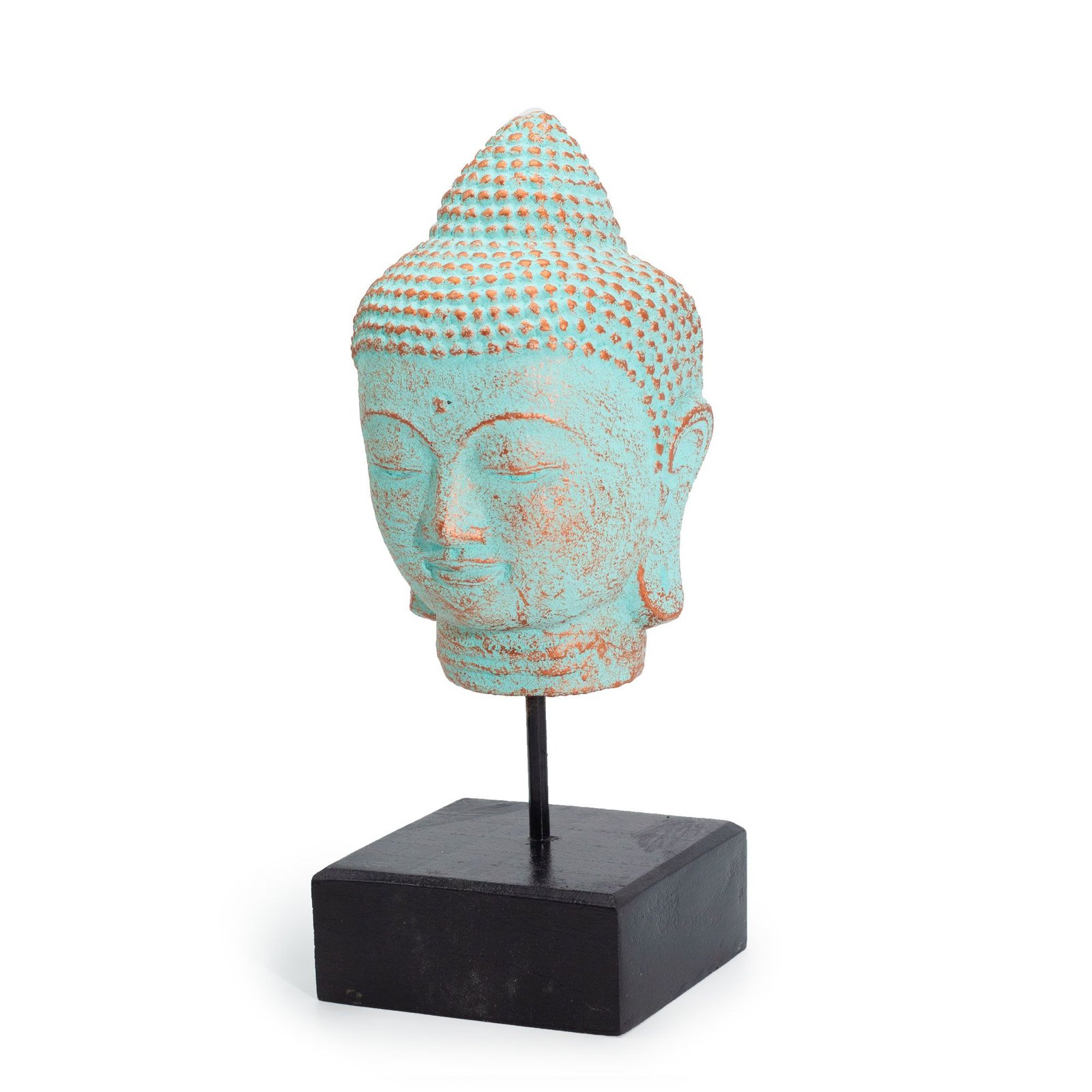 Alternative view of Budos galvos statulėlė „Stillness Buddha Head on Stand“ – žalvario žalumos ramybės akcentas