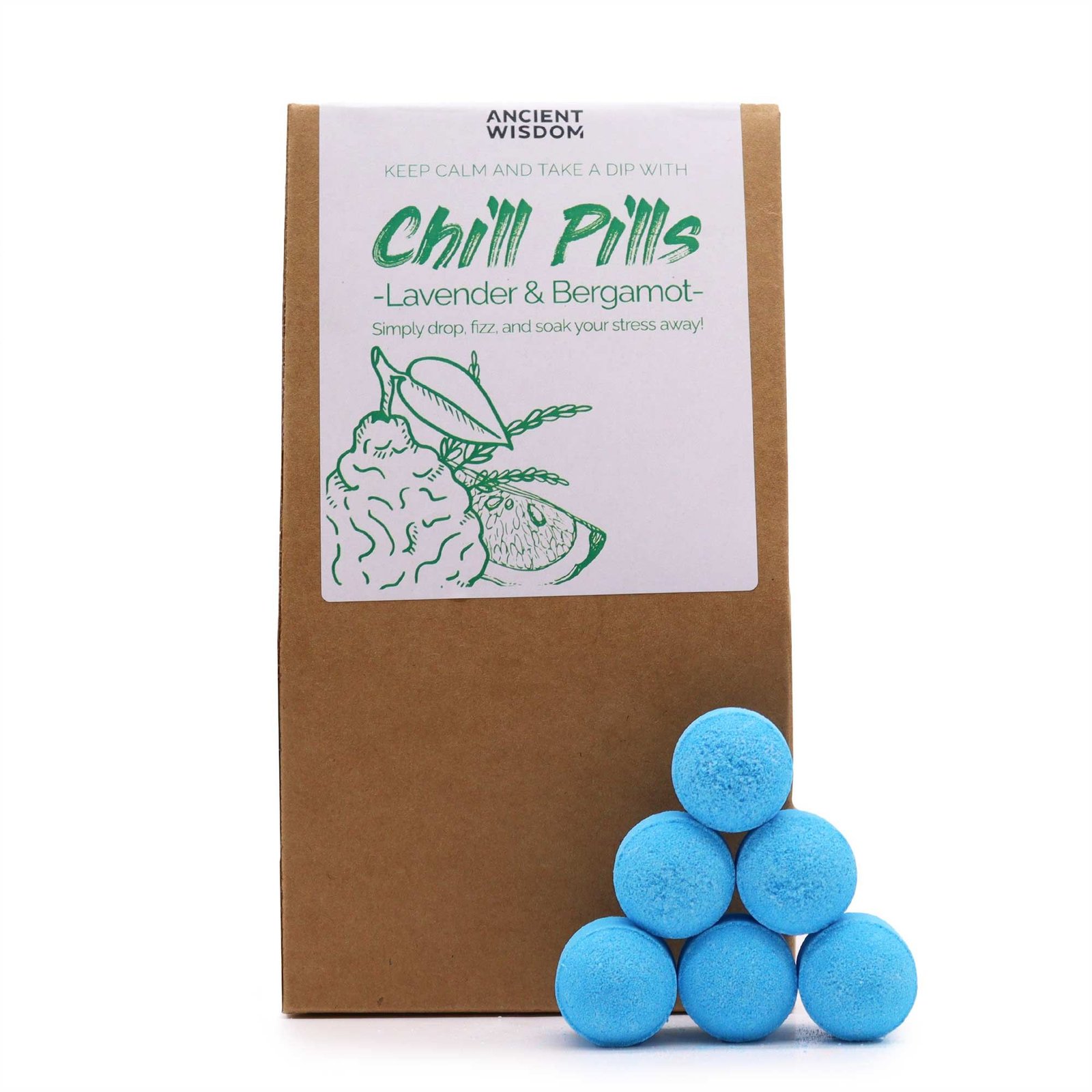 Vonios bombų dovanų rinkinys „Chill Pills“ 350 g – levandų ir bergamočių ramybės ritualas
