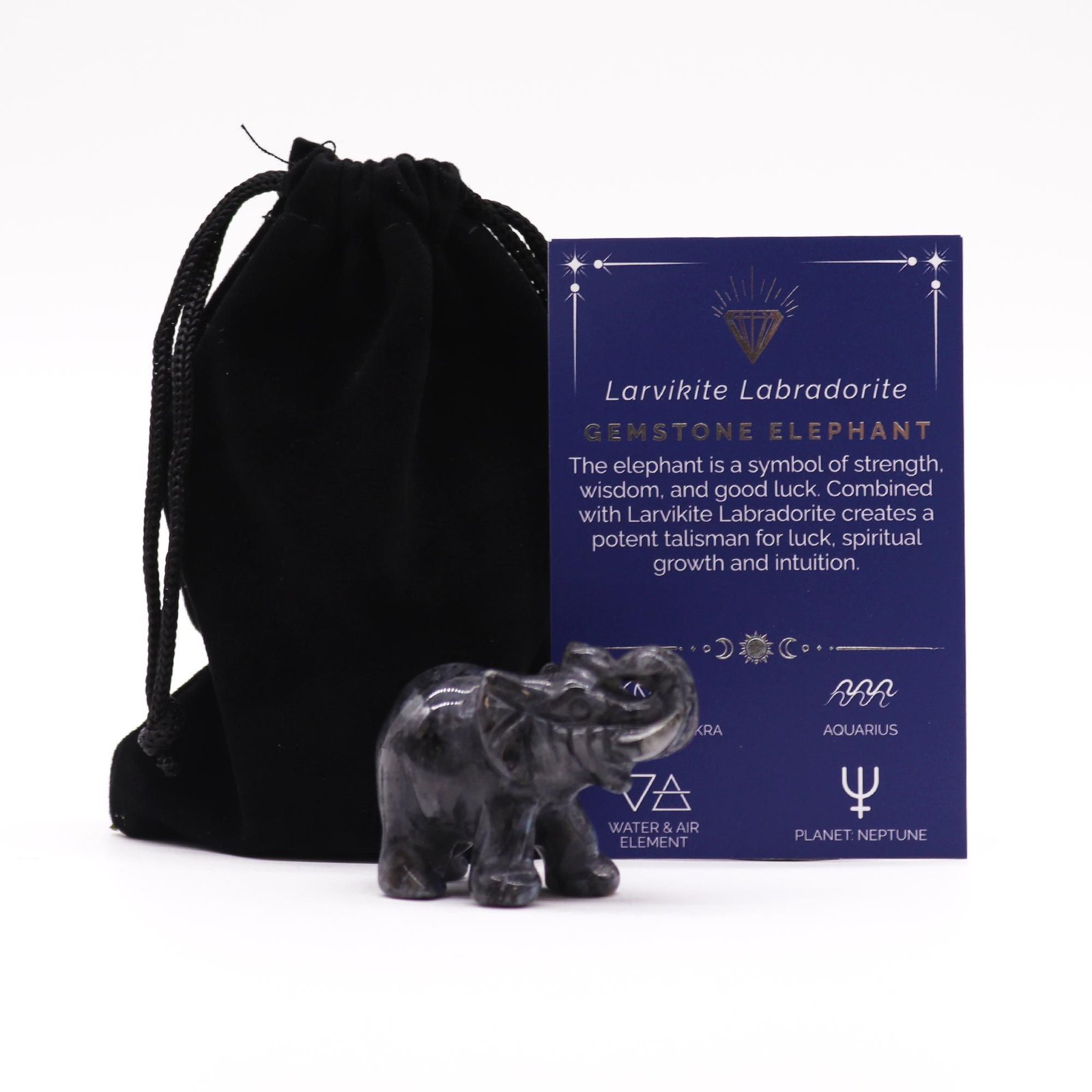Laimės drambliukas iš larvikito ir labradorito – 5 cm brangakmenio figūrėlė