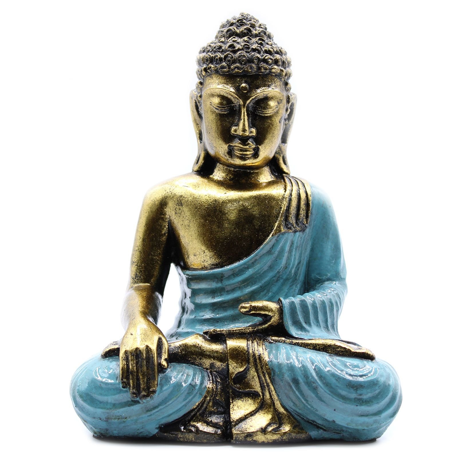 Rankomis dažyta Budos figūrėlė „Teal & Gold Buddha“ – didelė ramybės namų detalė