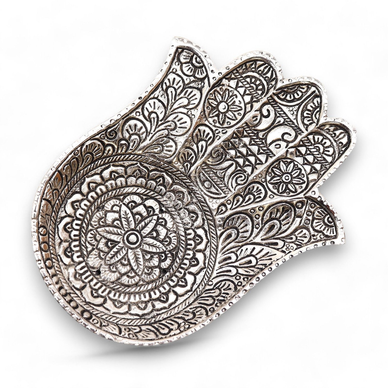 Smilkalų laikiklis „Hamsa“ iš poliruoto aliuminio – 18 × 13 cm ritualo ramybė