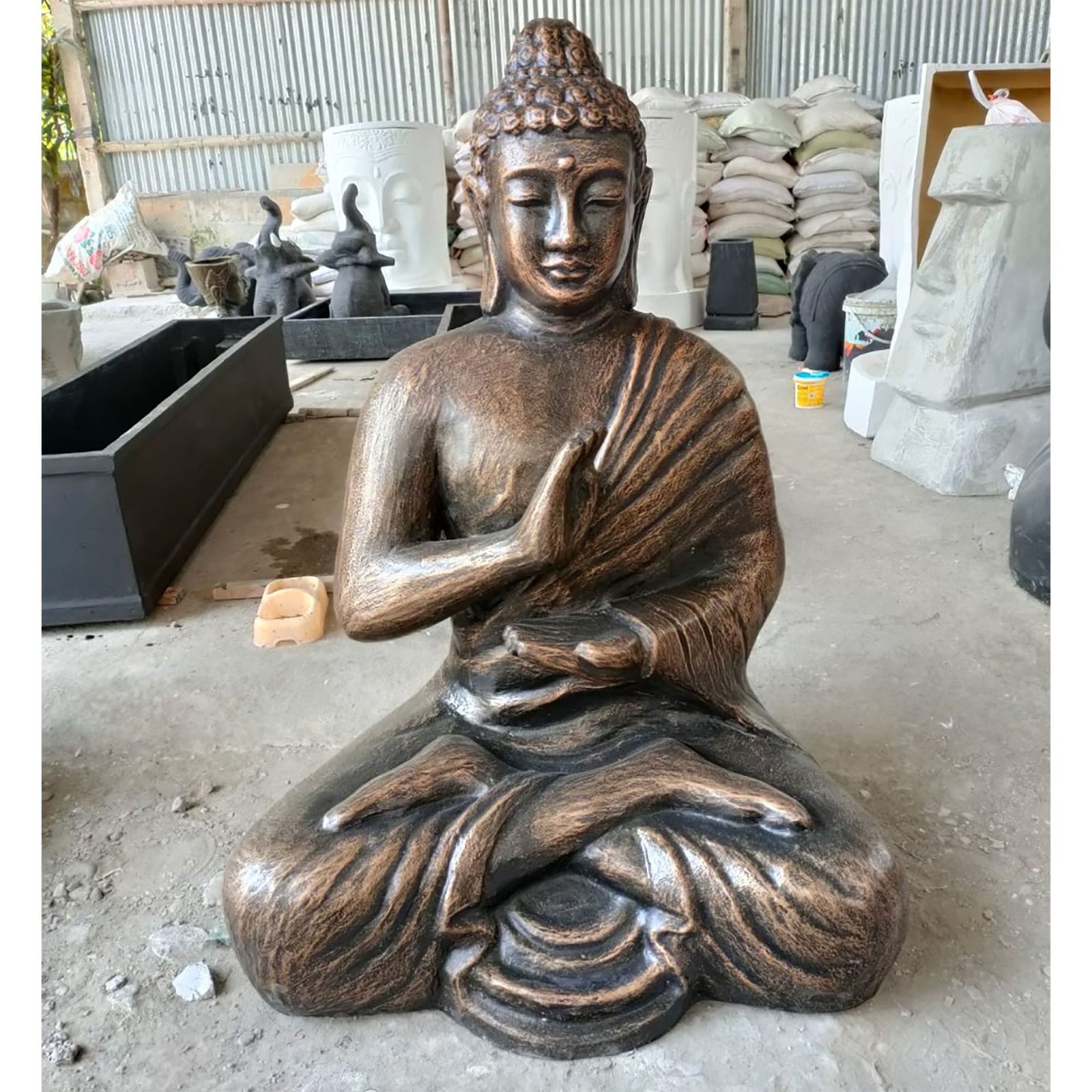 Didelė antikinio aukso Budos statula „Meditation in Stupa“ – 150 cm sodo ramybės akcentas