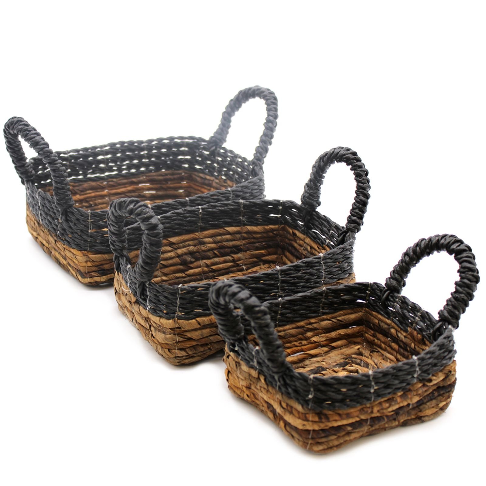 Bananų lapų kvadratinės pintinės „Hitam Raffia“ – jaukus 3 vnt. laikymo rinkinys
